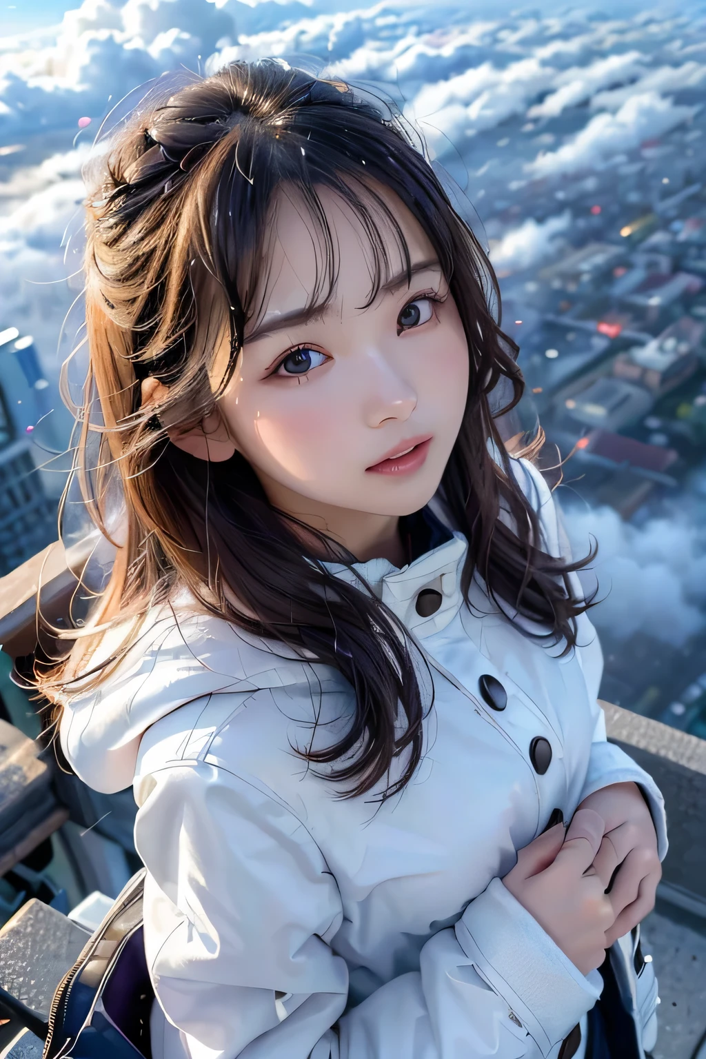 1 girl、((Upper shot close-up))、((flying above clouds))、 masterpiece, , 8K, Super detailed, 、because I&#39;thin、flat body、cute、 hair blowing in the wind、city below、((Down jacket for cold weather))、,cast a shadow、look up、rainbow、((rain))