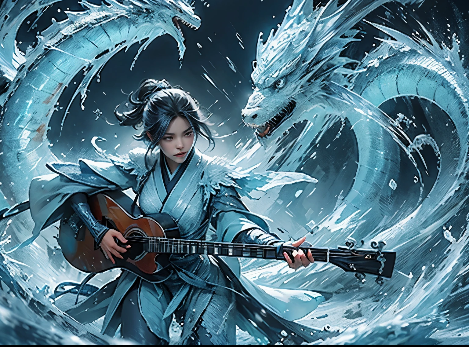 (((1girll)))，Imperial water，A girl playing guitar ，（Loose dress：1.5），（Perfect facial features：1.4），（Blue silk robe），（Mysterious magic formations：1.2），((ice Dragon))，（Ice crystal scales），Blue glow，（Frost wings），Powerful ice magic，Icicles，Towering over the landscape，Blue light cold light，Ice storms，Wind，Flying snow ice and snow，Amazing results，,best qualityer,tmasterpiece,超高分辨率,finely detailled,Complicated details,8K分辨率,8KUCG wallpaper,hdr,water blue,Magic Array,Cinematic lighting effects,lightand shade contrast，Ray traching、NVIDIA RTX