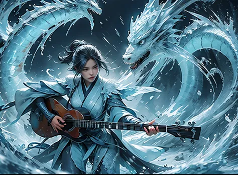 (((1girll)))，Imperial water，A girl playing guitar ，（Loose dress：1.5），（Perfect facial features：1.4），（Blue silk robe），（Mysterious ...