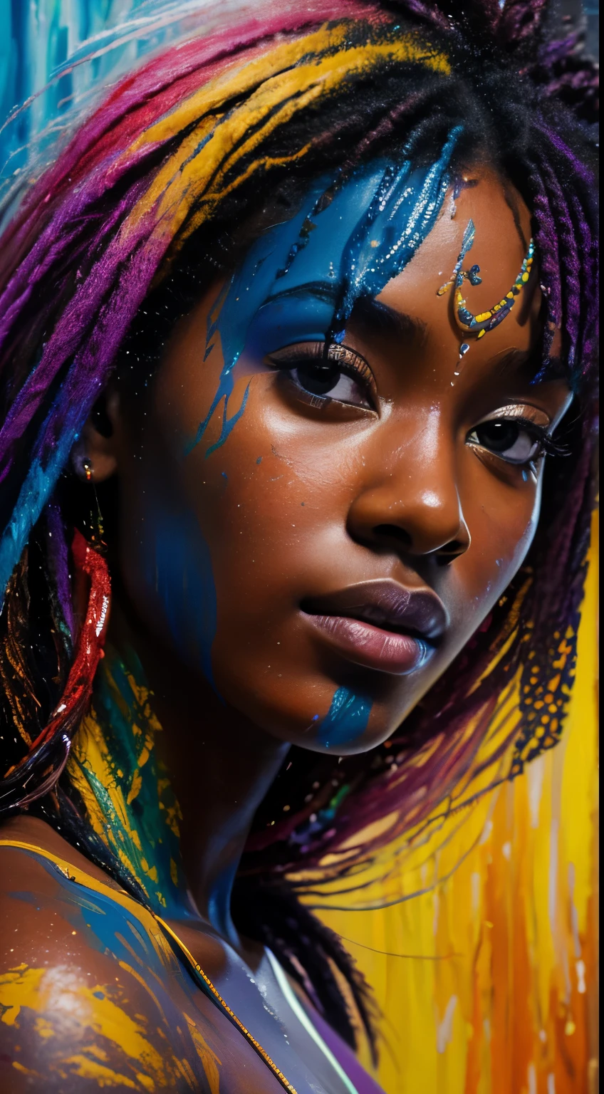 Colorful beautiful black Melanesian woman: a woman 18-years old, messy hair, oil painting, nice perfect face with soft skinice perfect face, blue yellow colors, light purple and violet additions, light red additions, intricate detail, splash screen, 8k resolution, masterpiece, cute face, Face of the young elemental goddess of the waters, beleza abstrata, Centrado, looking-into-camera, Approaching perfection, Dynamic, fora, altamente detalhado, Pintura digital, art-station, arte conceitual, Foco suave, ju, illustration, arte de Carne Griffiths e Wadim Kashin