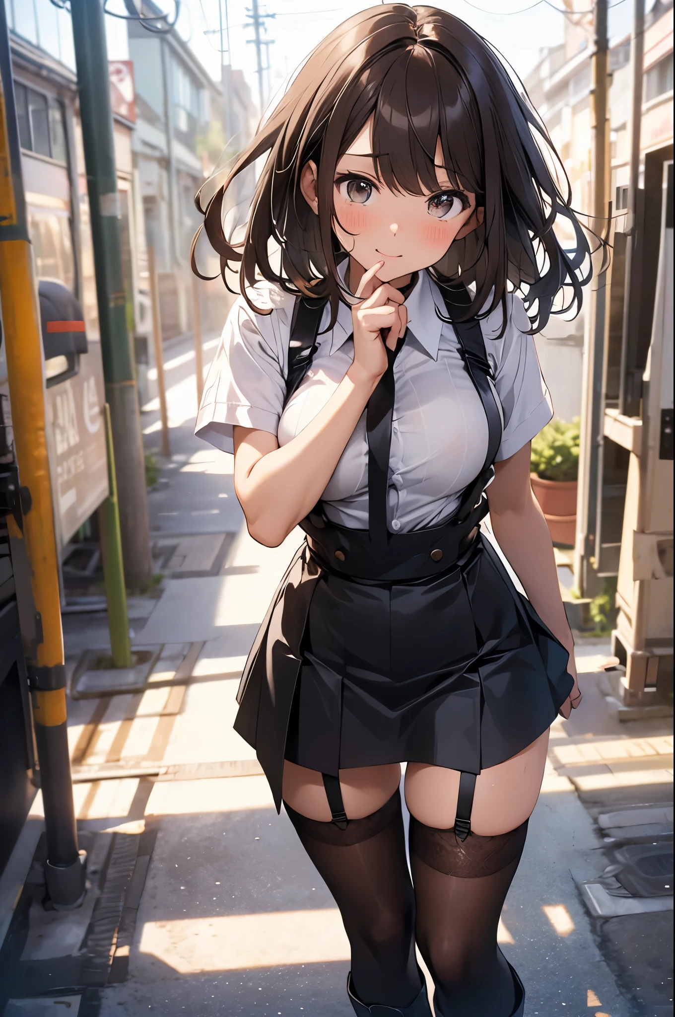 brown hair、looking at the viewer　　suspenders　　　Bulging big breasts　　 　 　　　　Black miniskirt　garter belt　knee high socks　　　　　　Gaze　　　small face　bangs 　　　　　Beauty　　hands up　　 　Gaze 　black boots 　provocation　　armpit sweat　one person 　　put your hands behind your back　cutter shirt　　Panty shot　ginka