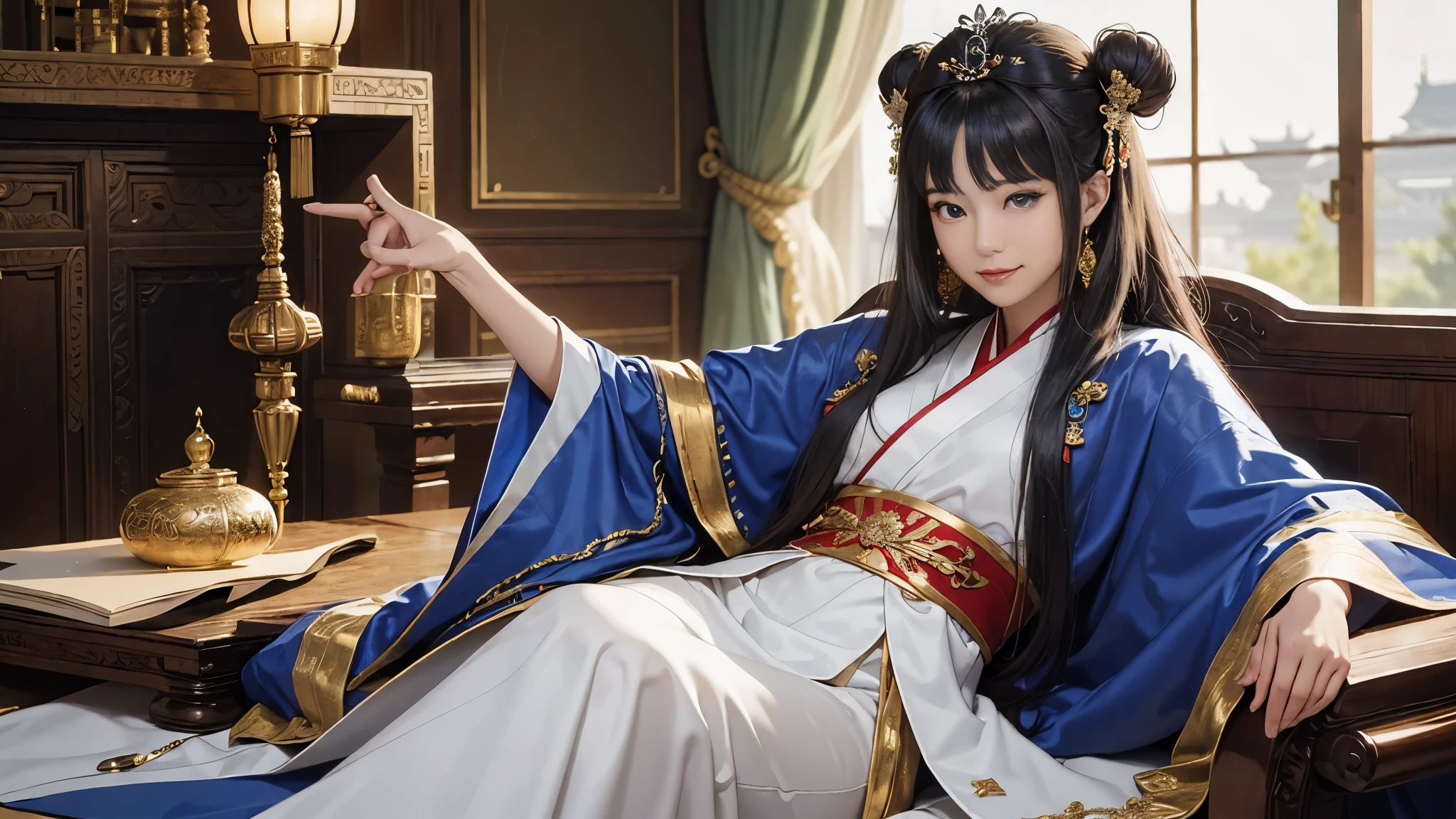 (8K, RAW photo, highest quality, masterpiece: 1.2), (realistic, realistic: 1.37), 1 girl, ancient China、In a room in the imperial court at the end of the Later Han Dynasty、The empress is sitting in a luxurious chair。The empress is華やかな服装で神々It has a nice aura of atmosphere.。The empress is綺麗な顔立ちで、She is wearing the fashionable hair ornaments of the time.。The empress is、He is smiling and facing forward.。