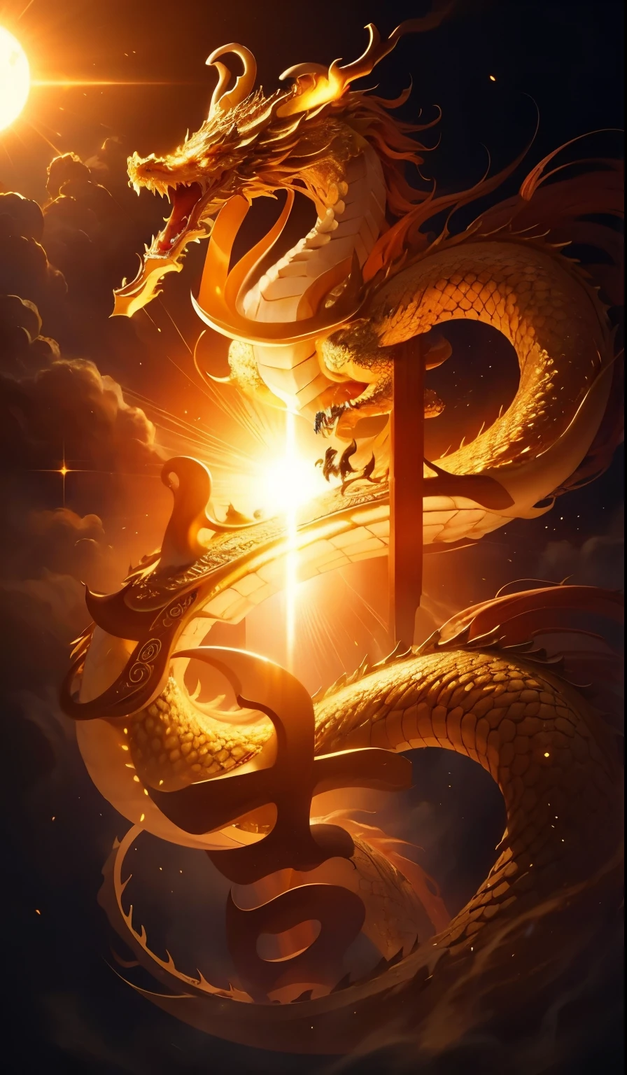 masterpiece,golden chinese dragon, surrounded by gold dust,long wavy body,fangs,fantasy, mythical, high quality, highly detailed, masterpiece, epic,particles effect,dynamic effect,sun in the background