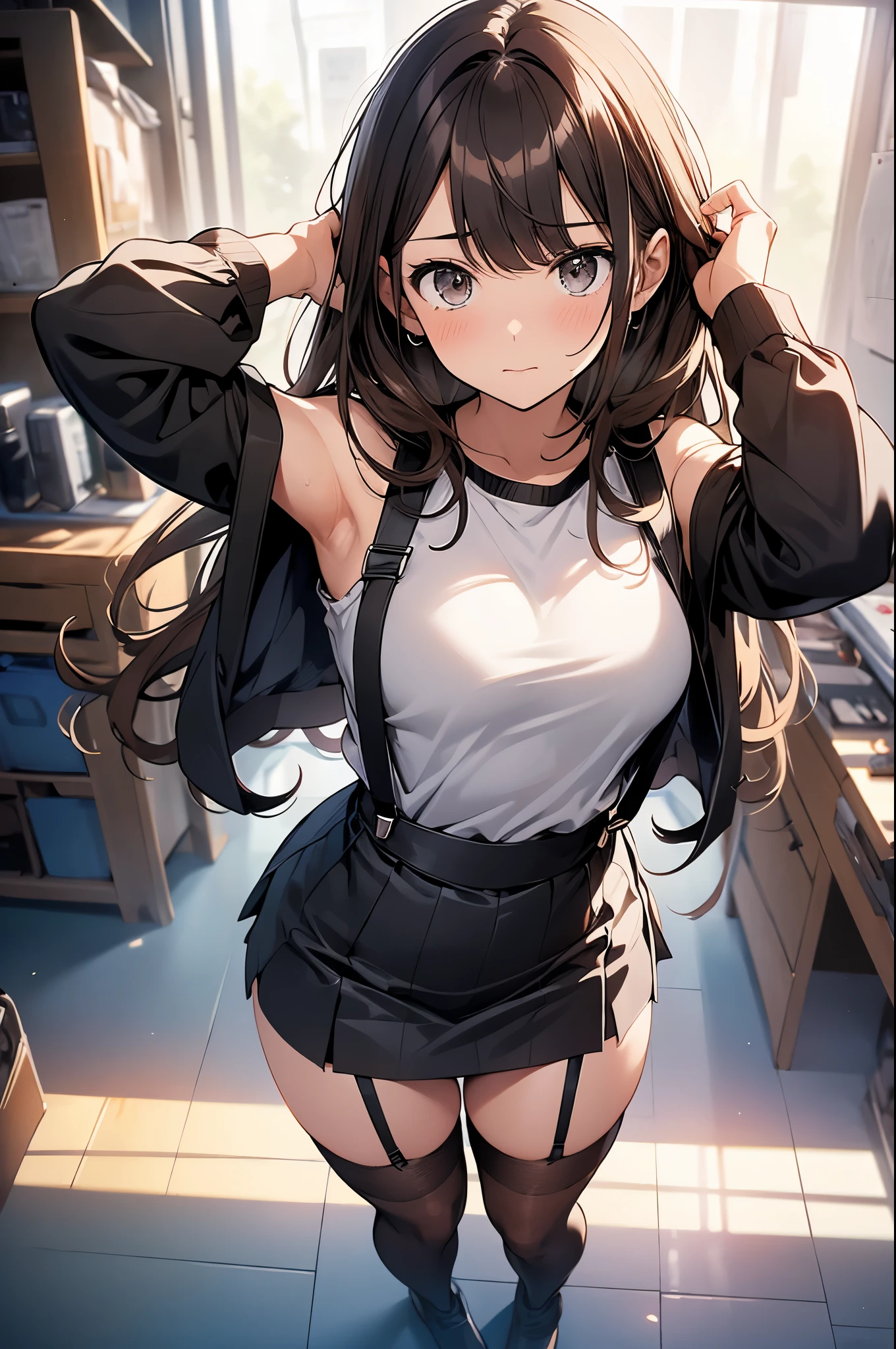 brown hair、looking at the viewer　　suspenders　　　Bulging big breasts　　 　 　　　　Black miniskirt　garter belt　knee high socks　　　　　　Gaze　　　small face　bangs 　　　　　Beauty　　hands up　　 　Gaze 　black boots 　provocation　　armpit sweat　one person 　　put your hands behind your back　cutter shirt　　Panty shot　ginka