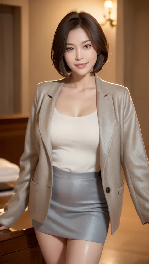 highest quality, Super high resolution, (realistic:1.4), RAW photo, 魅惑的なsmile, cute, realistic lighting,black hair, solid circle eyes, light smile, brown hair, short hair, bob cut, wide-eyed, Surrealism, drop shadow, anaglyph, stereogram, tachi-e, pov, atm...
