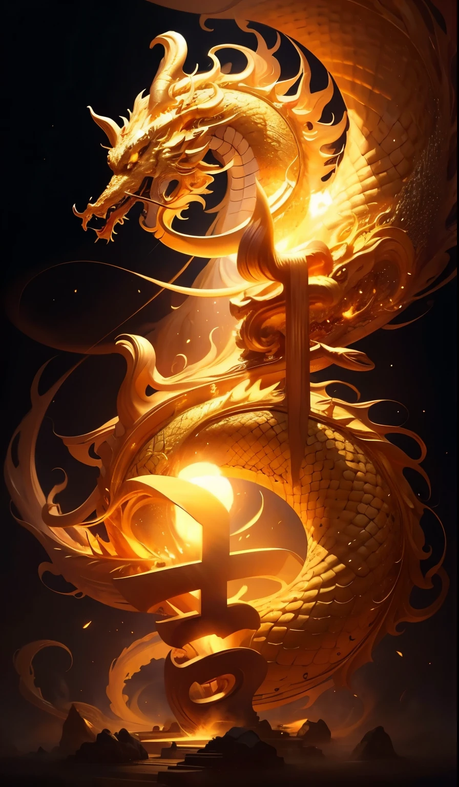 Obra maestra,dragón chino dorado, rodeado de polvo de oro,cuerpo largo y ondulado,colmillos,Fantasía, mítico, alta calidad, muy detallado, Obra maestra, épico,efecto de partículas,efecto dinámico,Sol al fondo