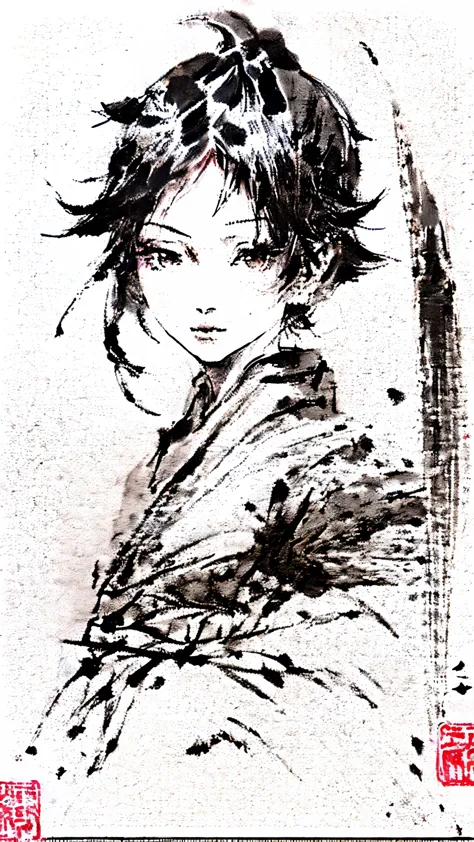 Black and white drawing of a ninja with a sword, in Yoji Shinkawa's art style, inspired by Yoji Shinkawa, Yoji Shinkawa : : port...