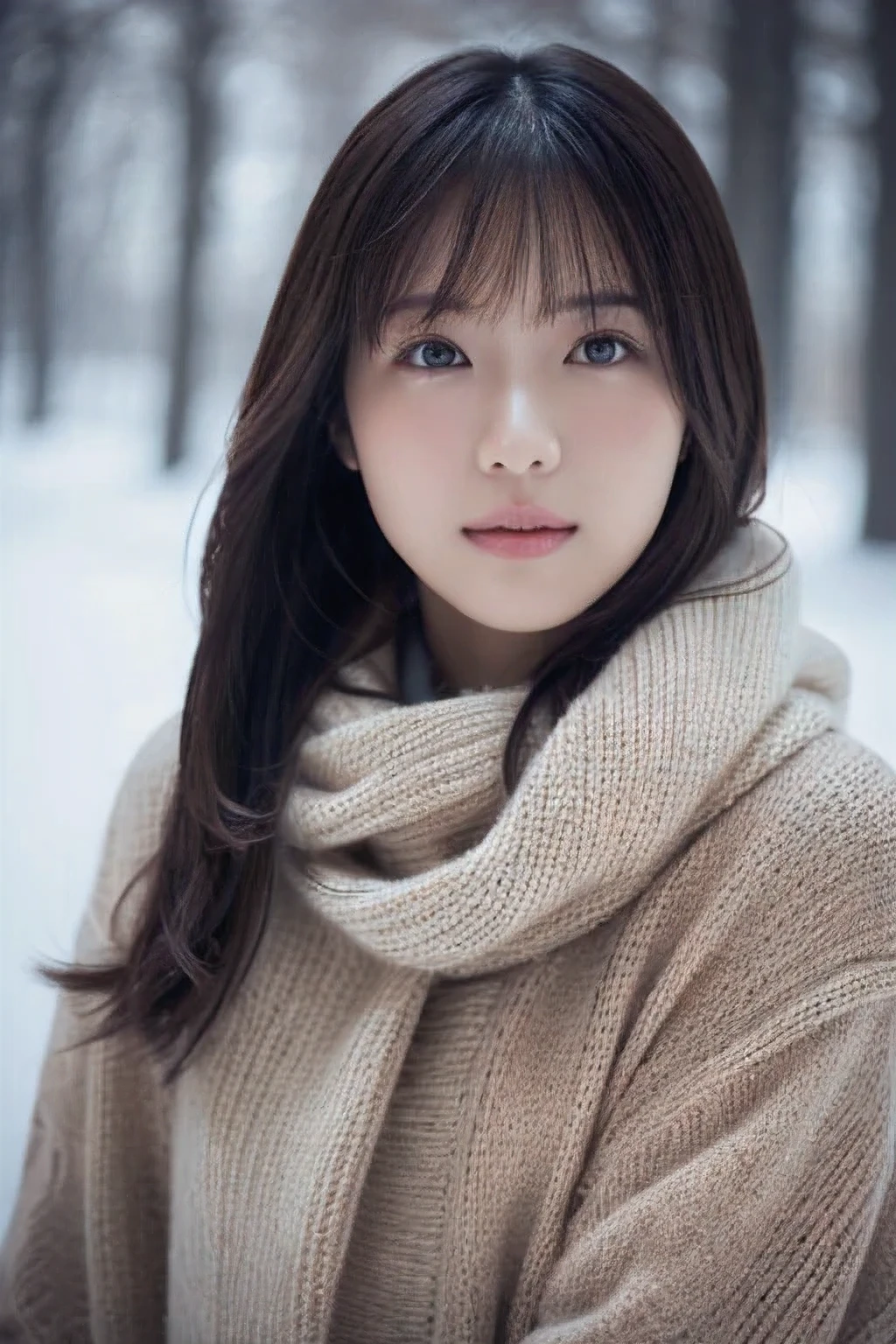 1 girl, (wear winter clothes:1.2), (RAW photo, highest quality), (realistic, Photoreal:1.4), table top, very delicate and beautiful, very detailed, 2k wallpaper, wonderful, finely, Very detailed CG Unity 8k 壁紙, Super detailed, High resolution, soft light, beautiful detailed girl, very detailed目と顔, beautifully detailed nose, beautiful and detailed eyes, cinematic lighting, winter scenery, perfect anatomy, slender body, firm chest, 
straight semi-long hair, bangs, looking at the viewer, slight smile