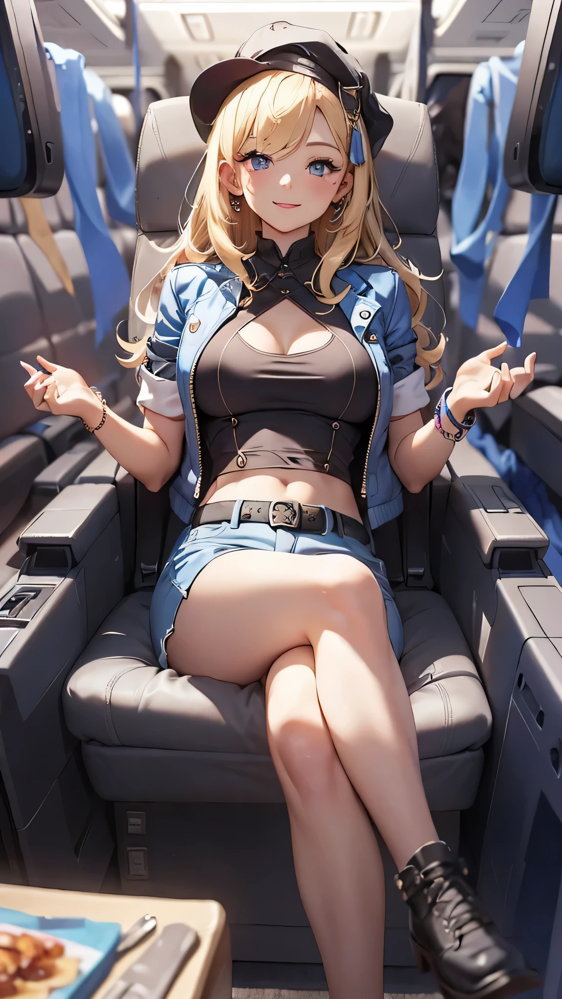 最high quality、best image quality、masterpiece、teenage girl((18-year-old、 By becoming、vest bust、medium bust,wide open breast tea、black eye, blonde hair、Habitual hair、long hair、thin,highest valley、blue shorts、smile、heart tattoo、Black Short Sleeve Jacket、sit on a chair、white shirt)),high quality、beautiful art、background(On the plane、first class、red wine))debris flies、Depth of written boundary、movie、visual art、perfect art、8K,genuine