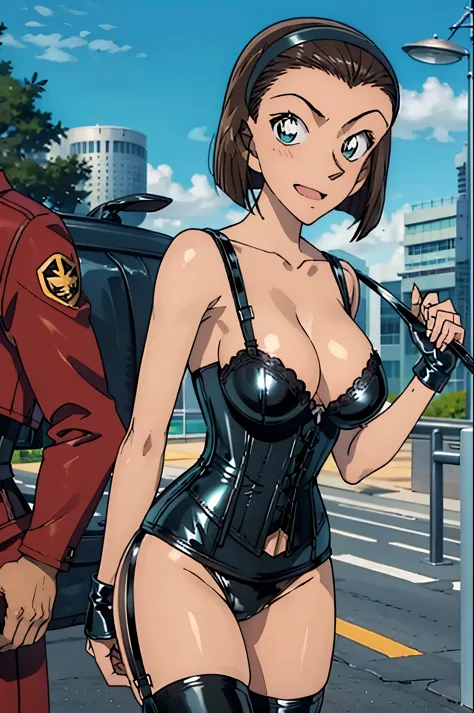 looking at camera、looking at me、lookatviewer、anime style、Eroge、1 girl,  huge breasts, 白のshirt, shirt, Low - Angle、cowboy shot, bra is very, See through, Short Sleeve Lip,laughter、open your mouth、bright smile、brown hair, hair band、bob hair、amount、blush, dis...