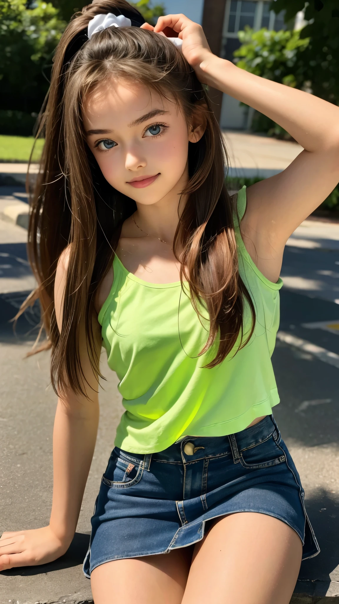 A close up of a young girl sitting on a skateboard SeaArt AI