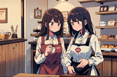 coffee, cafe, chocolate, counter, two women, apron, adachi and shimamura, yuri, barista, sweet aroma, cozy ambiance, confectione...