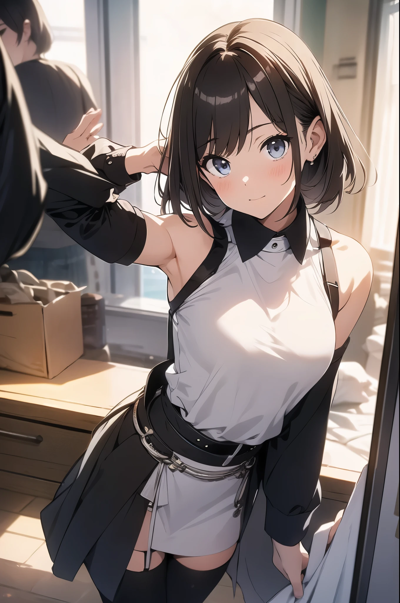 brown hair、looking at the viewer　　suspenders　　　Bulging big breasts　　 　 　　　　Black miniskirt　garter belt　knee high socks　　　　　　Gaze　　　small face　bangs 　　　　　Beauty　　hands up　　 　Gaze 　black boots 　provocation　　armpit sweat　one person 　　put your hands behind your back　cutter shirt　　Panty shot　ginka