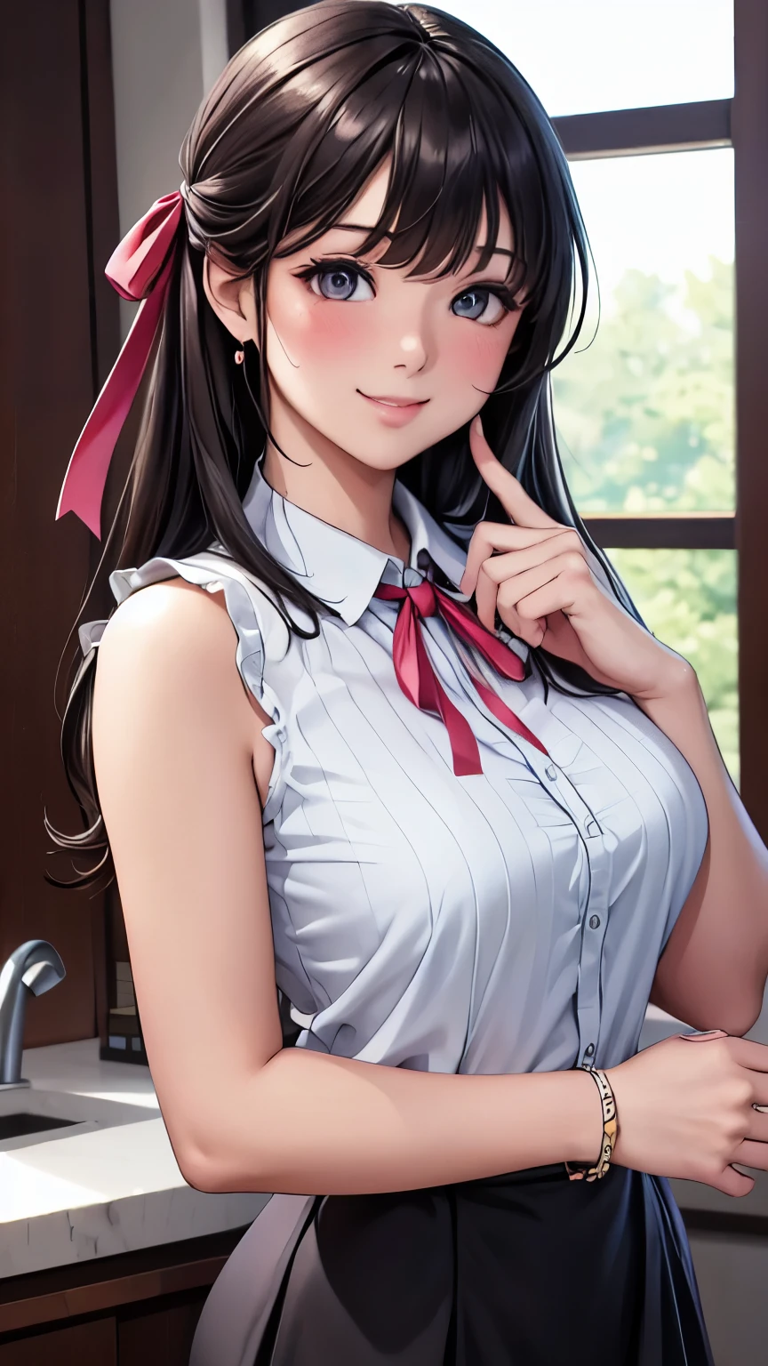 (masterpiece), (highres), (best quality), 1girl, smile, blush, neck ribbon, looking at viewer, ribbon, (ring on right ring finger), shirt, long hair, bangs, holding hands, jewelry, closed mouth, collared shirt, sleeveless