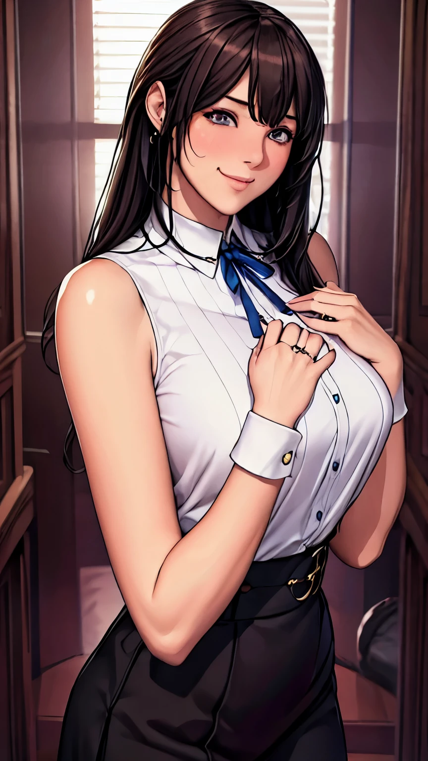 (masterpiece), (highres), (best quality), 1girl, smile, blush, neck ribbon, looking at viewer, ribbon, (ring on right ring finger), shirt, long hair, bangs, holding hands, jewelry, closed mouth, collared shirt, sleeveless