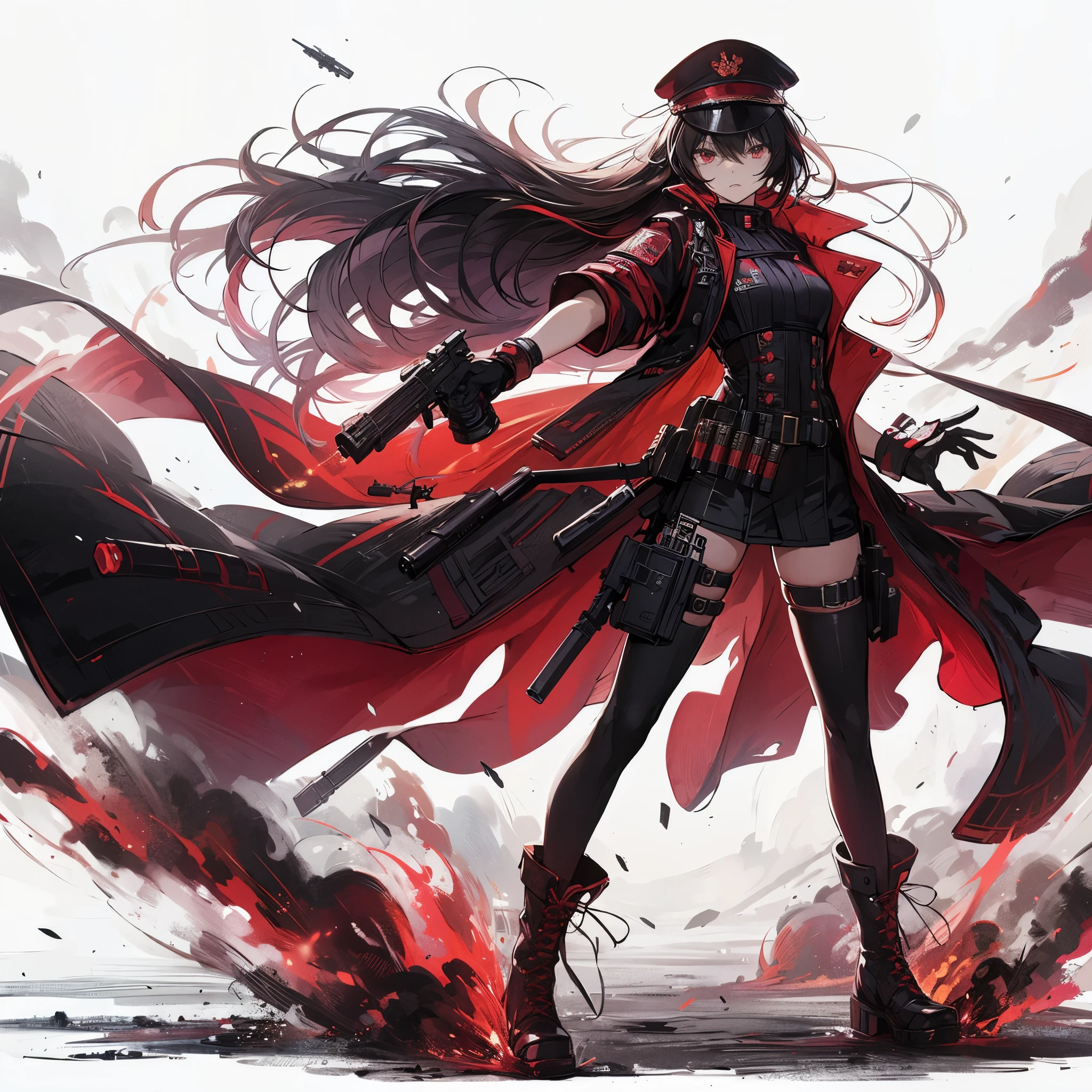 (masterpiece, best quality), ultra detailed, anime style, full body, solo, Cyberpunk Soldier girl, wearing male clothing red and black military uniform and cap, fluttering cape, black hair and red eyes, male beauty, held saber and pistol, wearing long boots, supernatural red and black flames, karate fighting pose, standing in wasteland, digital painting, 8K high resolution, art station trend, white background, whole body,
