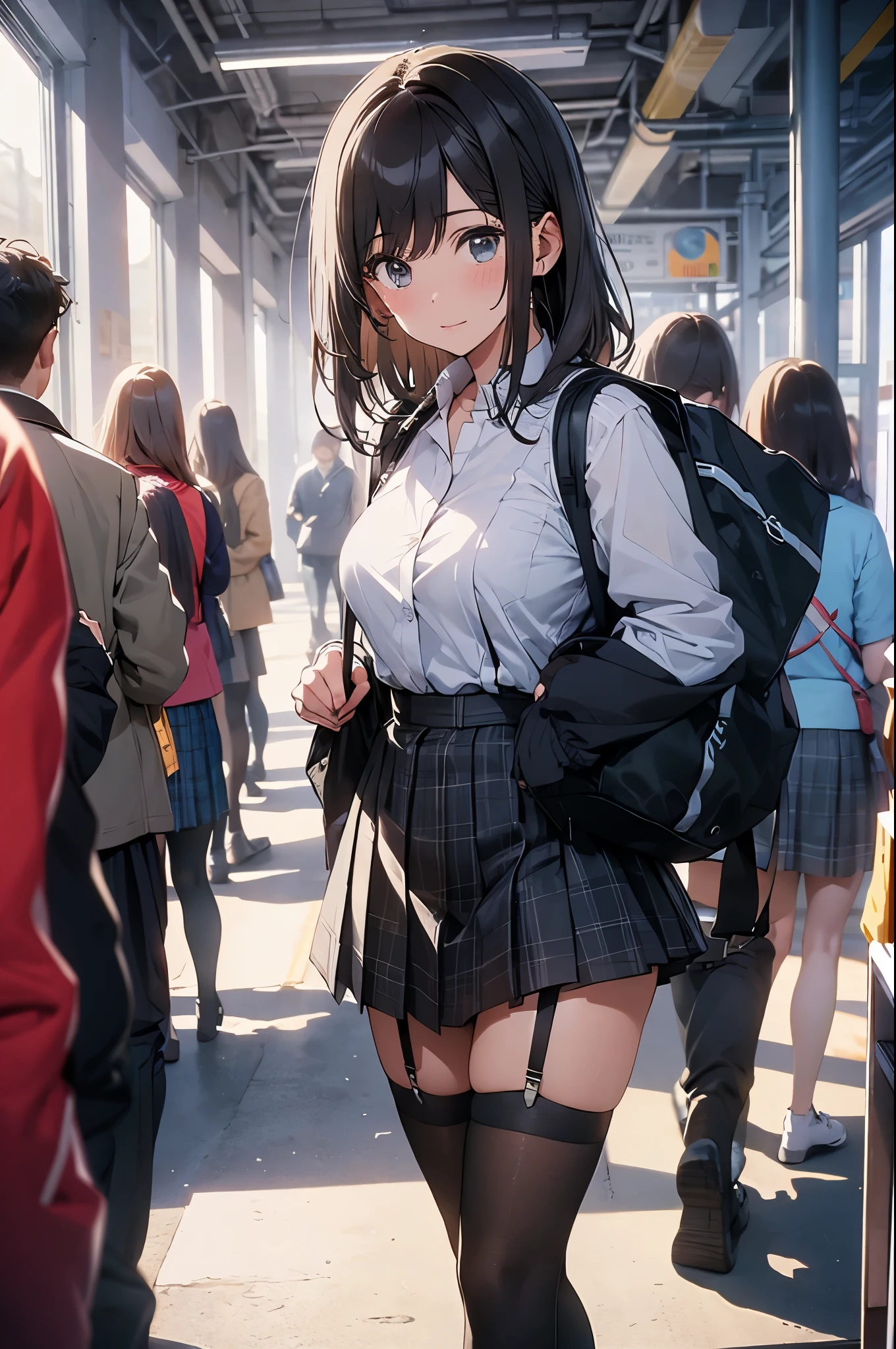 brown hair、looking at the viewer　　suspenders　　　Bulging big breasts　　 　 　　　　Black miniskirt　garter belt　knee high socks　　　　　　Gaze　　　small face　bangs 　　　　　Beauty　　hands up　　 　Gaze 　black boots 　provocation　　　one person 　　put your hands behind your back　cutter shirt　　Panty shot　