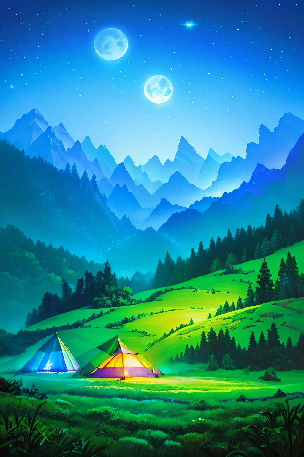 (landscape, colorful, vivid colors, dreamlike, fantasy, painting)(moonglow, magical lights, soft glow, silver moonlight)(Circus Tent, vibrant, circus performers)(Camp field, camping scene, tents, bonfire)(Grass, lush green, swaying in the wind), Avantasia Land, moonglow, Circus Tend