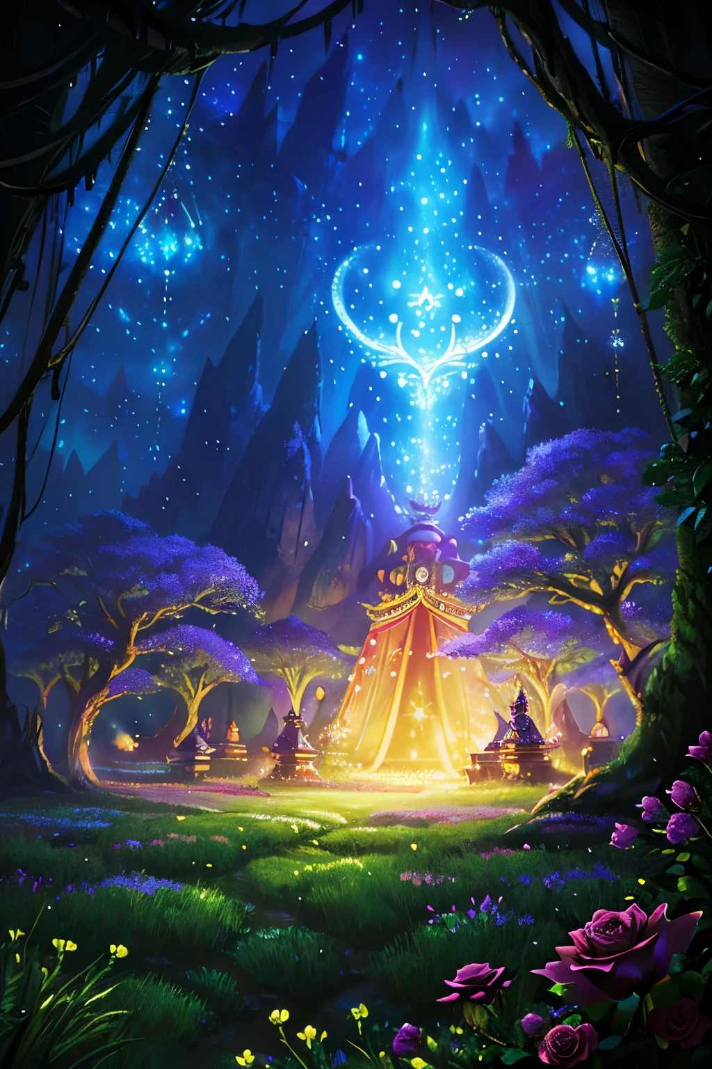 Avantasia Land,moonglow,Circus Tent,Grass field,dark forest,roses field,illustration,ultra-detailed,realistic,nighttime:1.1,colorful,vibrant colors,ethereal atmosphere,hint of mystery,whimsical,mesmerizing lights,enchanted setting,dreamlike,playful characters,acrobats,jugglers,magical landscape,starlit sky,enchanted forest,flowing river,glowing lanterns,beautifully decorated tent,ornate costumes,filled with laughter and joy,audience of all ages,sparkling stars,flowers in full bloom,elegant performers,expressive eyes and gestures,excitement and anticipation,fantastical creatures in the shadows,hidden surprises,ethereal music,subtle scent of roses,candlelit paths,childlike wonder,fantasy realm,imagination unleashed,storytelling in motion,surreal ambiance,portal to another world,unforgettable experience