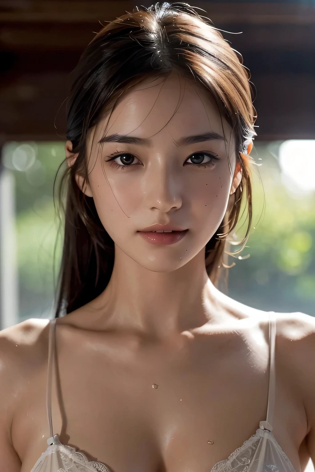 highest quality、masterpiece, ultra high resolution、(Photoreal:1.4)、RAW photo、1 girl、shiny skin, wet body, dramatic lighting, RAW photo, table top:1.3, Super high resolution:1.0, sharp focus:1.2, beautiful woman with perfect figure:1.4, thin abs:1.2, wet body:1.5, Highly detailed face and skin textures, fine eyes, double eyelid, Perfect face balance, Clean system, 笑face, Soft light in a beautiful studio, rim light, vivid details, surreal, fine and beautiful skin, realistic skin, rubber suit, beautiful face, Beautiful woman, high solution face, Soft texture, Nude, close, face