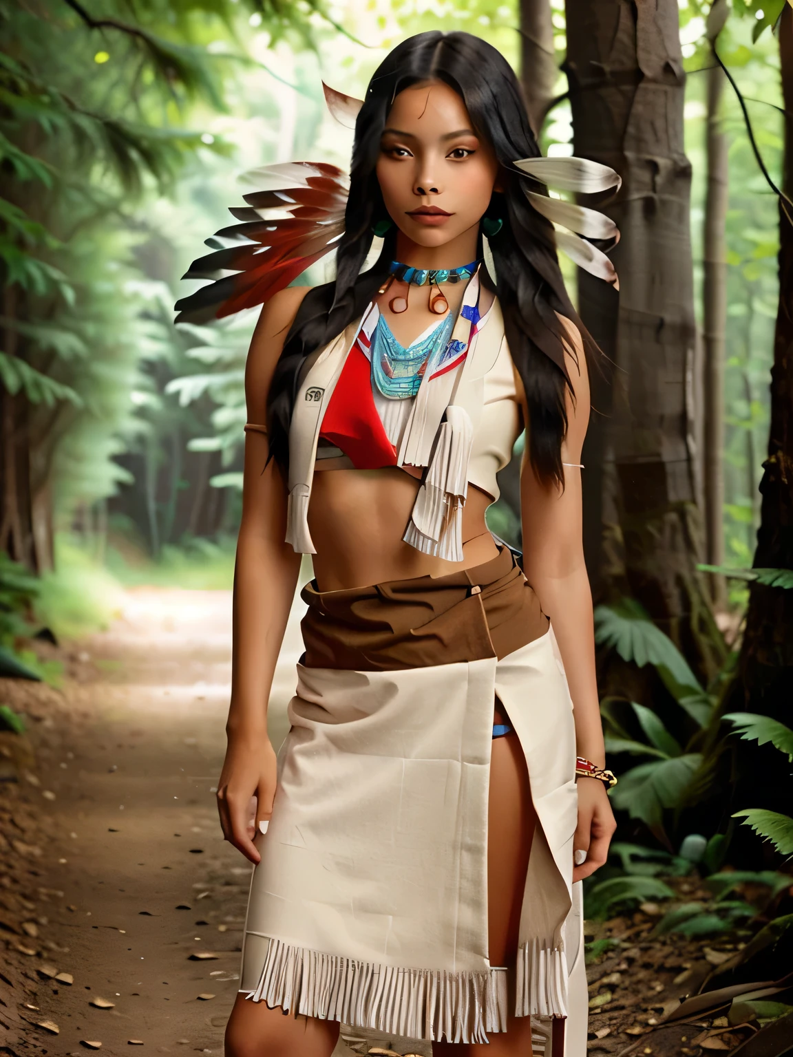 Native American girl in a red dress with feathers and jewelry, wearing a native american choker, a young pocahontas, gorgeous young model, unique stunning face, perfect face, perfect eyes, slim lips, striking eye, penetrating eyes, slight smile, small cup size, hard erect nipples, hard nipples pressing against top, slim toned body, thin arms and legs, abs, small waist, slim thighs, native american, native rich jewelry, lovely bohemian princess, indian girl with brown skin, beautiful young female shaman, tribal jewelry, madison beer girl, sophie mudd, pocahontas, full body head to toes, full body view, very realistic, standing in a forest, raining