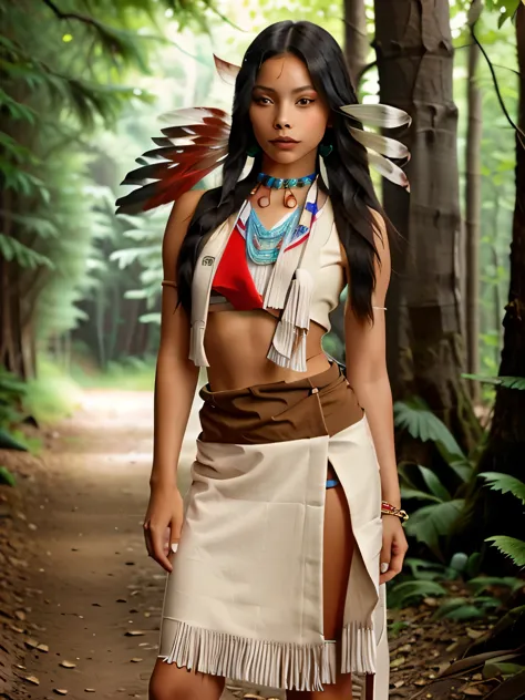 native american girl in a red dress with feathers and jewelry, wearing a native american choker, a young pocahontas, gorgeous yo...