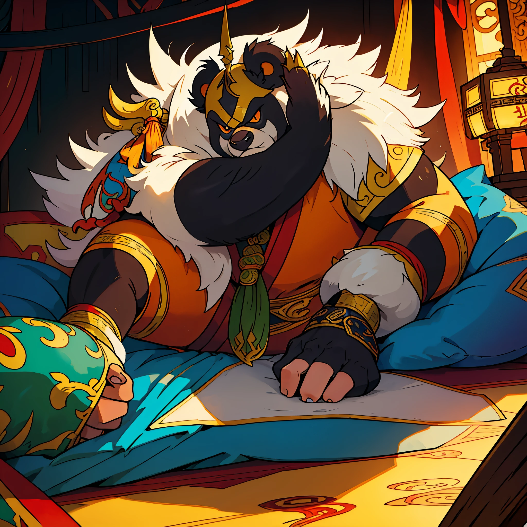 Pandaren martial artist，Heavy fur，world of warcraft，gaming character，The background is the scenery of China ancient architeture, half in bed，China