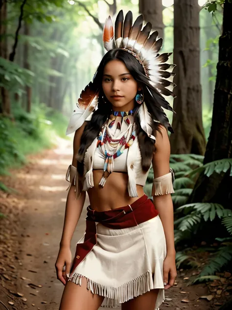 Native American girl in a red dress with feathers and jewelry, wearing a native American choker, a young pocahontas, gorgeous yo...