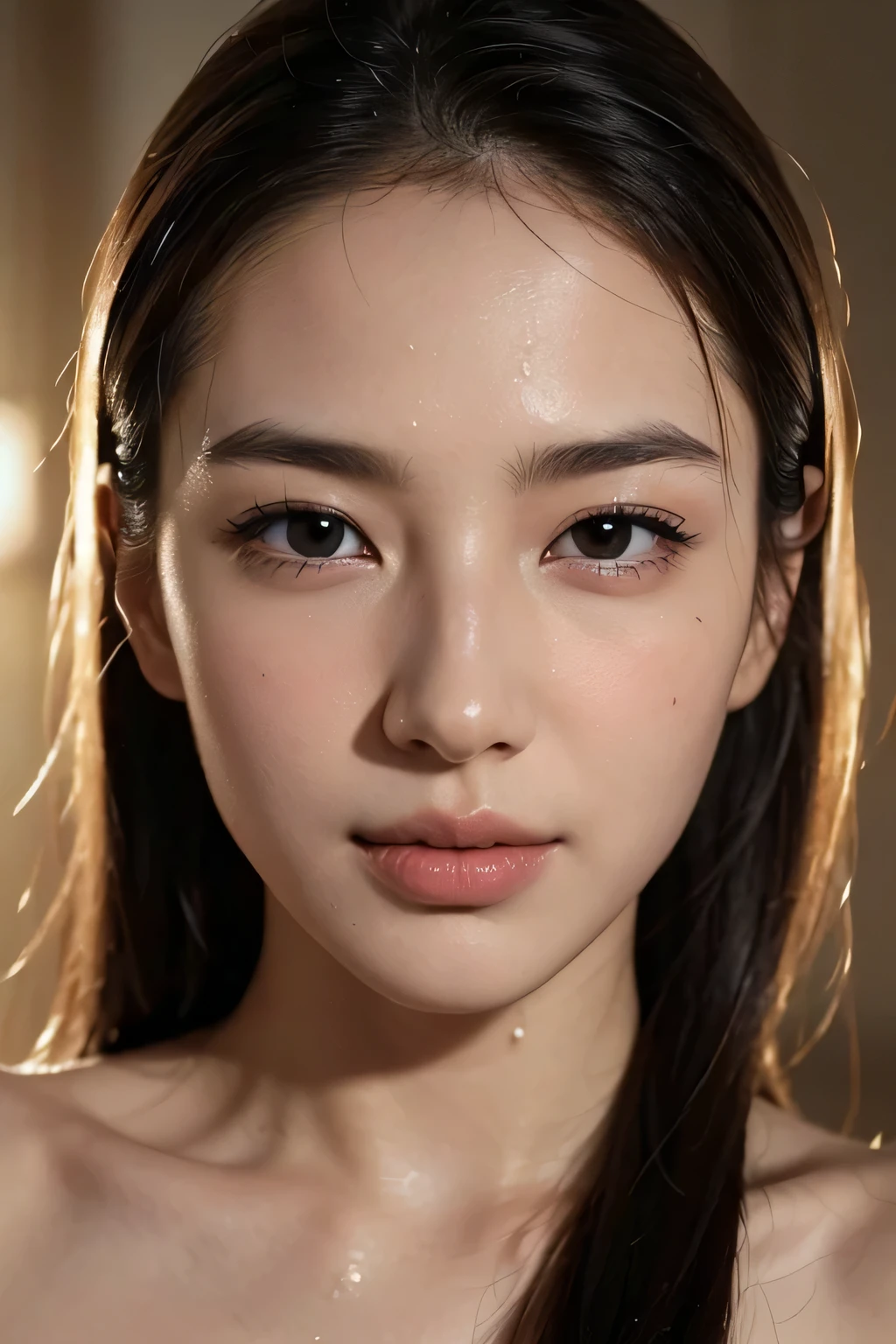 (Enhances the beauty of skin texture:1.1), highest quality、masterpiece, ultra high resolution、(Photoreal:1.4)、RAW photo、1 girl、shiny skin, wet body, dramatic lighting, RAW photo, table top:1.3, Super high resolution:1.0, sharp focus:1.2, beautiful woman with perfect figure:1.4, thin abs:1.2, wet body:1.5, Highly detailed face and skin texture, fine eyes, double eyelid, perfect facial balance, Clean system, smile, Soft light in a beautiful studio, rim light, vivid details, surreal, fine and beautiful skin, realistic skin, rubber suit, beautiful face, Beautiful woman, high solution face, Soft texture, nude, close up of face, glorious skin, face of glory, crazy high resolution, oily skin, oily face