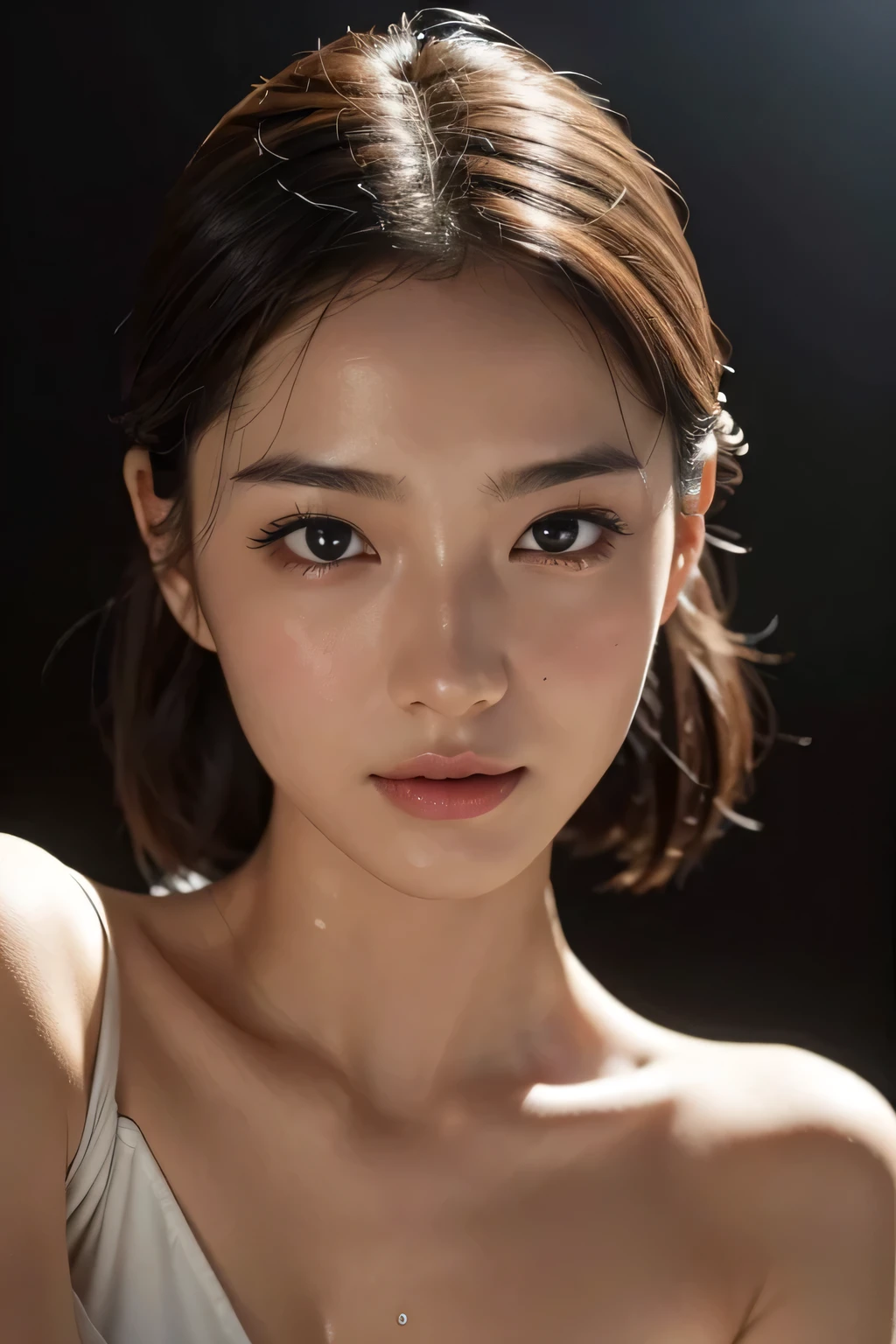 (Enhances the beauty of skin texture:1.1), highest quality、masterpiece, ultra high resolution、(Photoreal:1.4)、RAW photo、1 girl、shiny skin, wet body, dramatic lighting, RAW photo, table top:1.3, Super high resolution:1.0, sharp focus:1.2, beautiful woman with perfect figure:1.4, thin abs:1.2, wet body:1.5, Highly detailed face and skin texture, fine eyes, double eyelid, perfect facial balance, Clean system, smile, Soft light in a beautiful studio, rim light, vivid details, surreal, fine and beautiful skin, realistic skin, rubber suit, beautiful face, Beautiful woman, high solution face, Soft texture, nude, close up of face, glorious skin, face of glory, crazy high resolution, oily skin, oily face