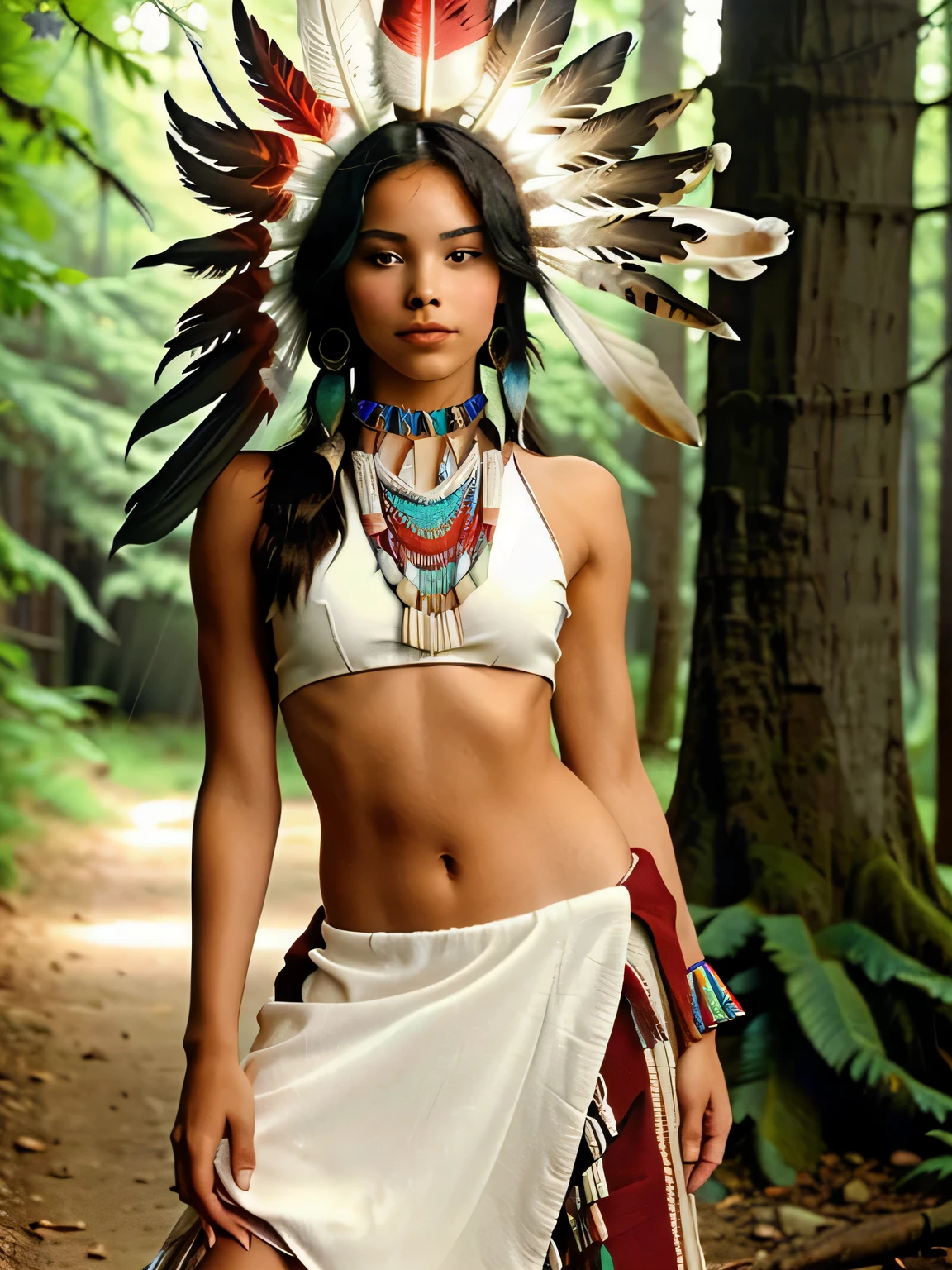 Native American girl in a red dress with feathers and jewelry, wearing a native American choker, a young pocahontas, gorgeous young model, unique stunning face, perfect face, perfect eyes, slim lips, striking eye, penetrating eyes, slight smile, small cup size, hard erect nipples, hard nipples pressing against top, slim toned body, thin arms and legs, abs, small waist, slim thighs, native American, native rich jewelry, lovely bohemian princess, Indian girl with brown skin, beautiful young female shaman, tribal jewelry, madison beer girl, sophie mudd, pocahontas, full body head to toes, full body view, sexy stance, very realistic, standing in a forest, raining