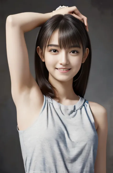 highest quality,masterpiece,ultra high resolution,(realistic:1.4),1 girl,shoulder,Charm,look at the camera,Armpits are visible、slender body、smile