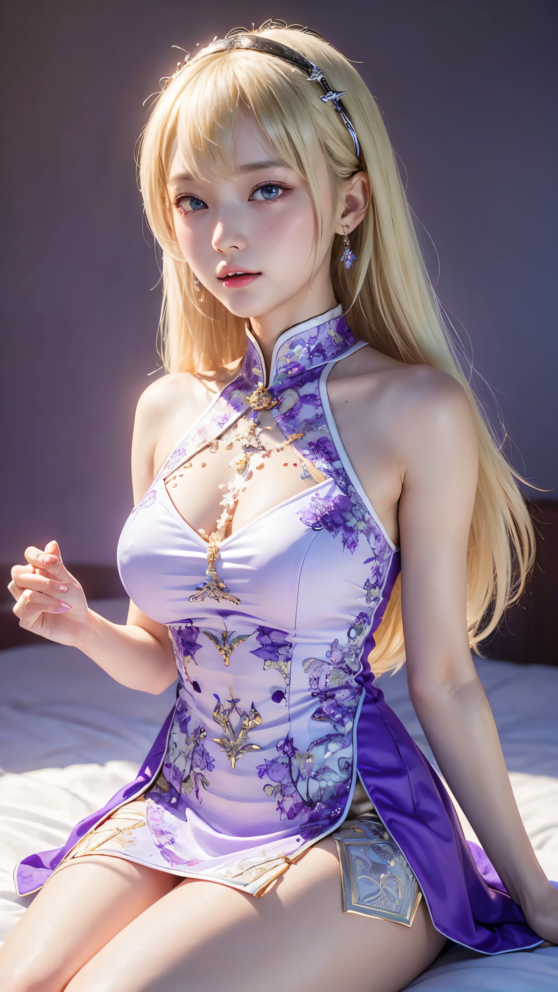 ((highest quality)), ((masterpiece)), (be familiar with:1.4), 3D, Image of a beautiful woman in a Chinese dress,nffsw(high dynamic range),ray tracing,NVIDIA RTX,super resolution,unreal 5,scattered below the surface,PBR texturing,Post-processing,anisotropic filtering,written boundary depth,maximum clarity and sharpness,multilayer texture,Albedo and specular maps,surface shading,Accurate simulation of light-matter interactions,perfect proportions,octane rendering,two-tone lighting,wide aperture,Low ISO、White balance、Rule of thirds、8,000 students、((straight long hair))(((white and purple cheongsam)))(((blonde)))((12 years old))(())