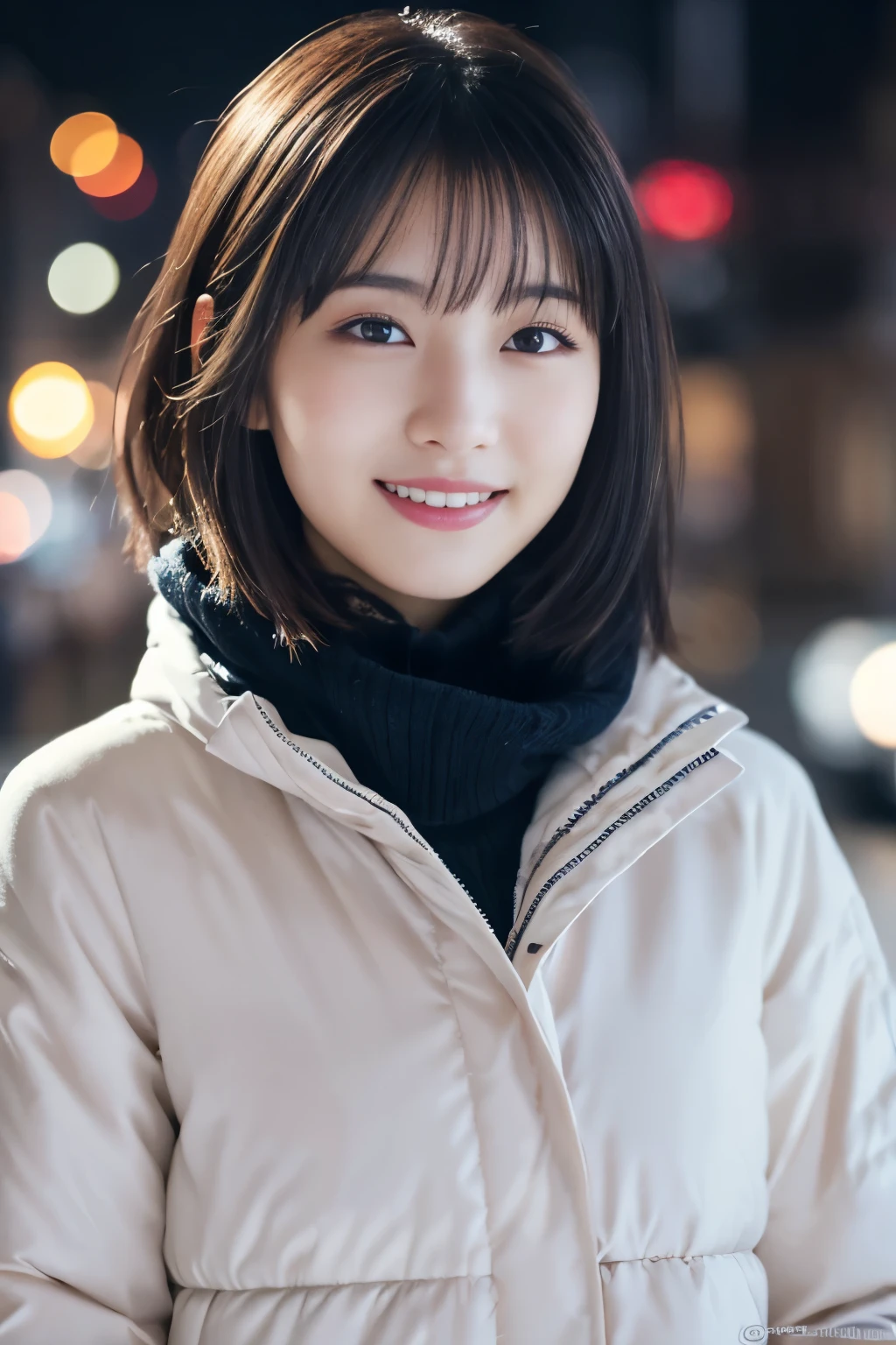 1 girl, (casual winter clothing:1.2), Beautiful Japan actress, (15 years old), short hair,
(RAW photo, highest quality), (realistic, Photoreal:1.4), masterpiece, 
very delicate and beautiful, very detailed, 2k wallpaper, wonderful, 
finely, very detailed CG Unity 8K 壁紙, Super detailed, High resolution, 
soft light, beautiful detailed girl, very detailed目と顔, beautifully detailed nose, beautiful and detailed eyes, cinematic lighting, 
break
(Against the backdrop of a snowy night cityscape 1.3), city lights, 
perfect anatomy, slender body, smile, Face the front completely, look at the camera