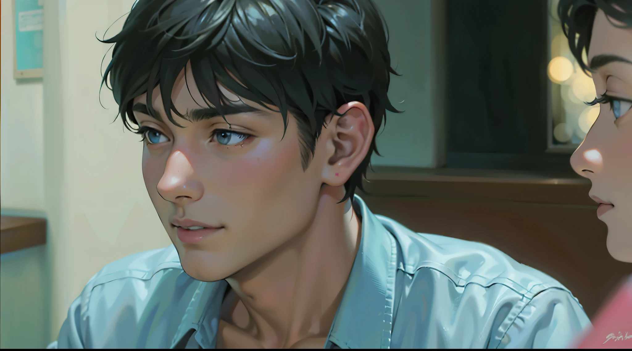 hay un hombre con cabello morado y un tenedor en la mano, realistic art style, realistic anime art style, realismo animado style, estilo anime semi-realista, estilo de arte anime realista, obra de arte al estilo de guweiz, hecho con estudio de pintor anime, en un estilo anime, realism artistic style, pintado en estudio de pintor anime, realismo animado, estilo anime 2d