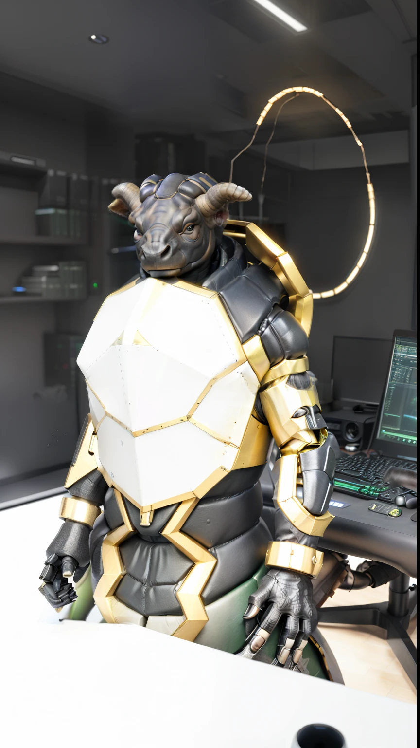 there is a computer desk with a minotaur behind it, tauren with a turtle shell, as an anthropomorphic turtle, anthro aeromorph, anthropomorphic turtle humanoid, of a futuristic selk'nam, epic 3 d oxossi, rhino rendered, alien minotaur