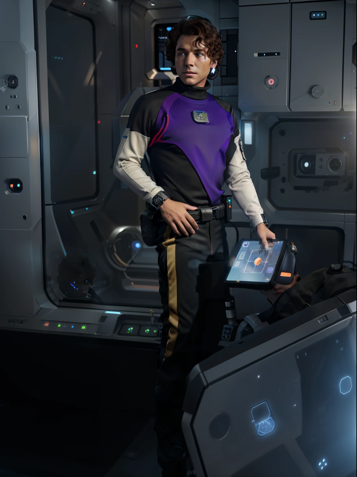  a man in a sci-fi officer uniform wiht a tablet, on  a space ship, on a space station, on a space base, curly brown hair, turtleneck sweater, officer, ship captain, scifi render, 3d render