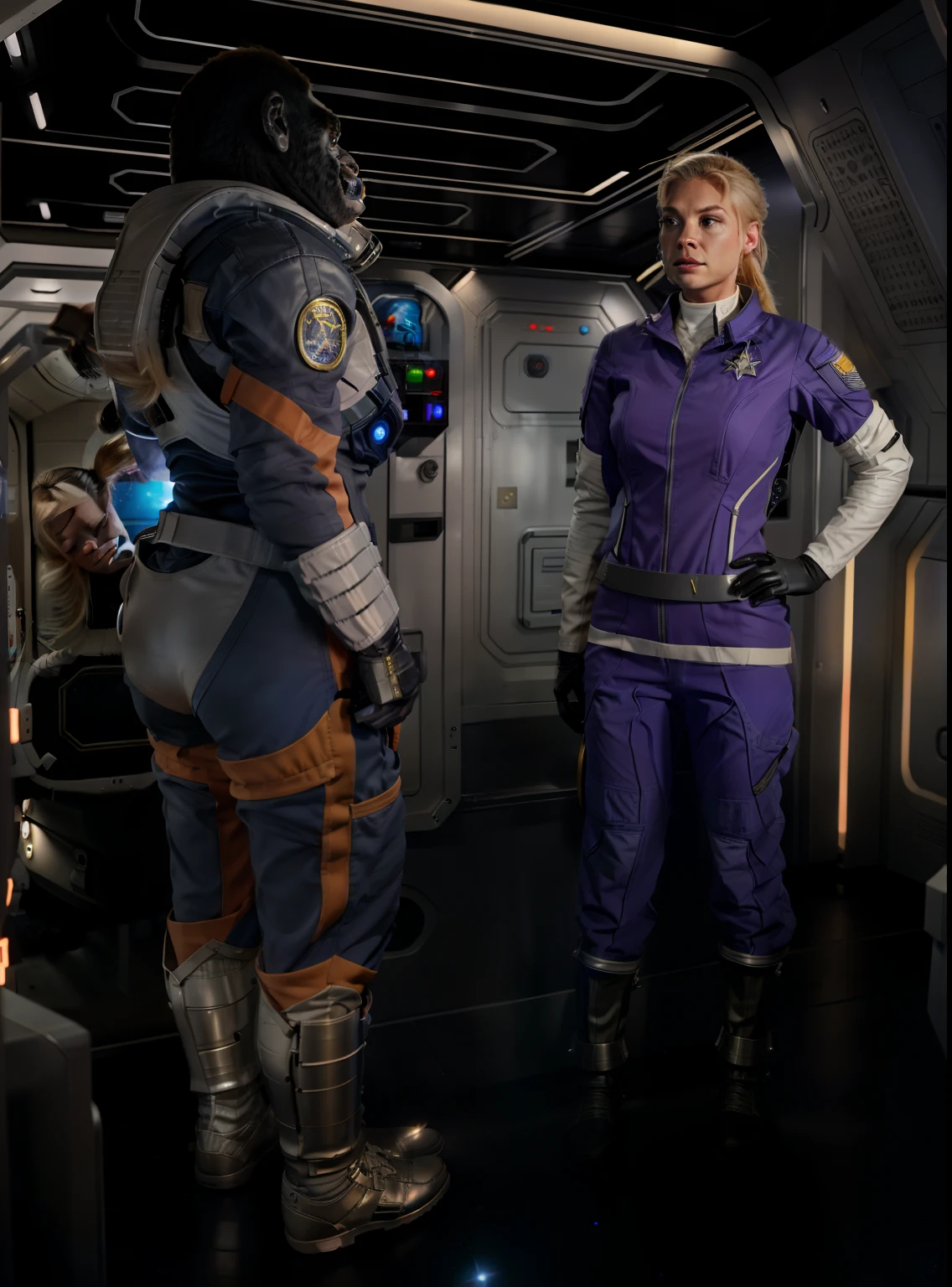 two sci-fi crew members in a starship corridor, starbase, starship, gorilla in a space suit talking to a female blond captain, female blond woman wiht her hands on her hips talking to an ape in a space suit