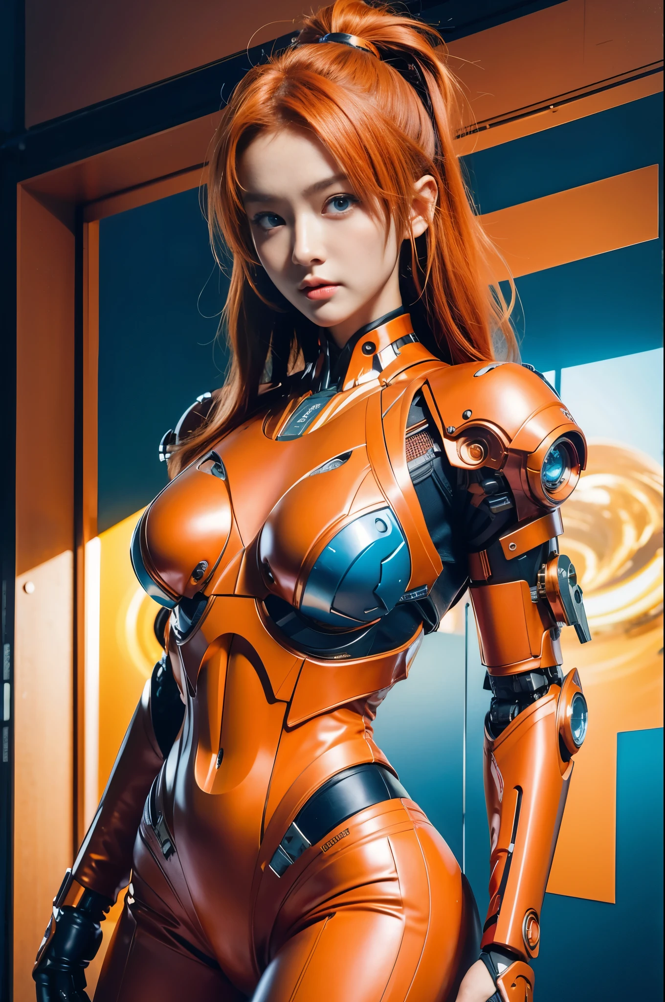 Beautiful girl in cyber armor, cute cyborg girl, Biomechanics, The perfect female cyborg, perfect robot girl, orange hair, blue eyes, Portrait of a Japanese teenager, Artgerm 8K bokeh, (Realistic face details), complicated details, very high details, Realistic photos, 8k, UHD, hyperspace,