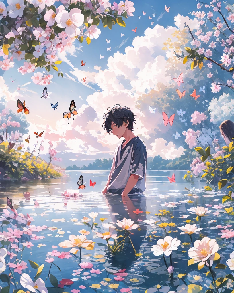 [(white background:1.5),::5] hexagon, 1boy, mid shot, full body, small butterflies, flowers,floating petal, peaceful water,cloud, sunset, garden, high quality, best, super detailed, beautiful detailed face
