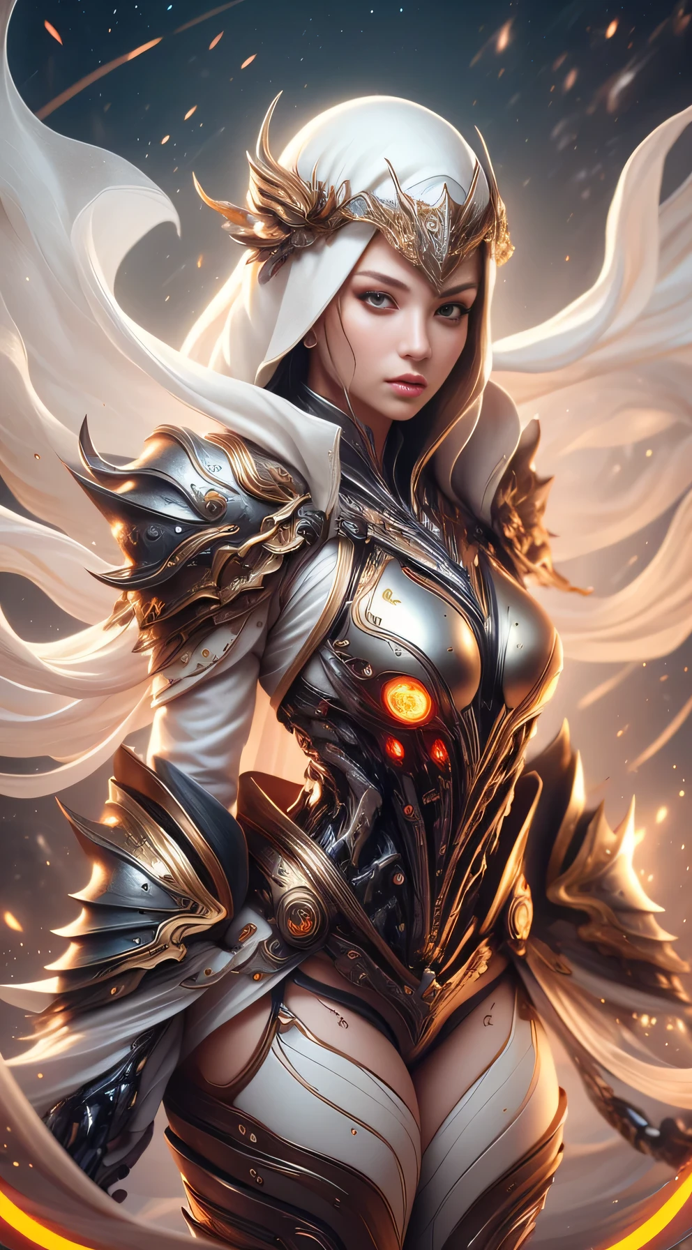 (((Masterpiece))), Ultra high quality, super detailed, 4K highly detailed digital art, Epic strong female warrior from the future, Fierce woman, white outfit, (Strong whole body pose), (stunning exotic beauty), Brazilian beauty, Very athletic, (muscular woman),((Wearing white biomechanical armor)), (Soft white clothes underneath the armor), Golden outlines on armor, armor shining, (white biomechanical armor), armor glimmering, neon lights on armor, Ultra athletic warrior woman from other galaxy, (white bodysuit armor), (skin tight bodysuit), white clothes (white armor), (muscular body), ((She has a katana)), she is glimmering and sparkles all around her, her beauty is out of this world, ultra beautiful, detailed face, Her mighty and all power is shining through her being, she is a warrior to defend the weak and empowering the feminine, Feminine empowerment, she is galaxy rider, Astronomical galaxy backround far far away from the earth where the mythological creatures live. She is hovering over the ground on a far away planet. Her strength is showing even the ground is shaking, HDR (High Dynamic Range), PBR Textures, Super Resolution, Multi-layer Textures