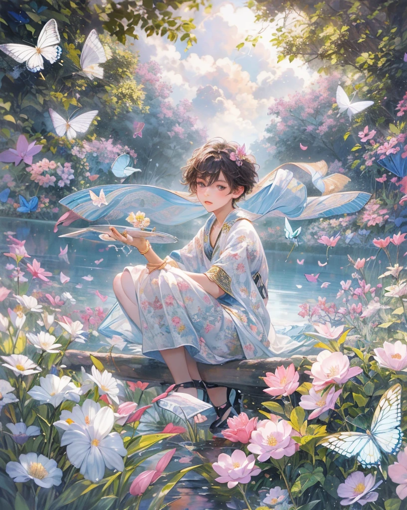 [(white background:1.5),::5] hexagon, 1boy, mid shot, full body, small butterflies, flowers,floating petal, peaceful water,cloud, sunset, garden, high quality, best, super detailed, beautiful detailed face
