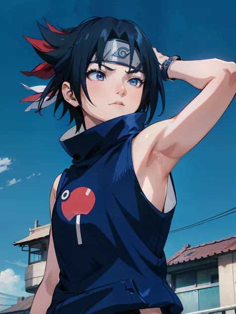 Anime style,Sasuke Uchiha, sakura tree, Sleeveless hoodie, (Showing armpit:1.3), Short body, masterpiece, best quality, ultra qu...