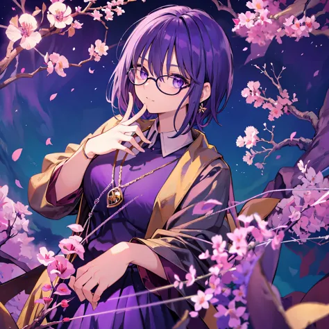 Purple hair，Wearing gold wire glasses，Hold the flower branch with your index finger and thumb, Correct hand structure, Perfect h...
