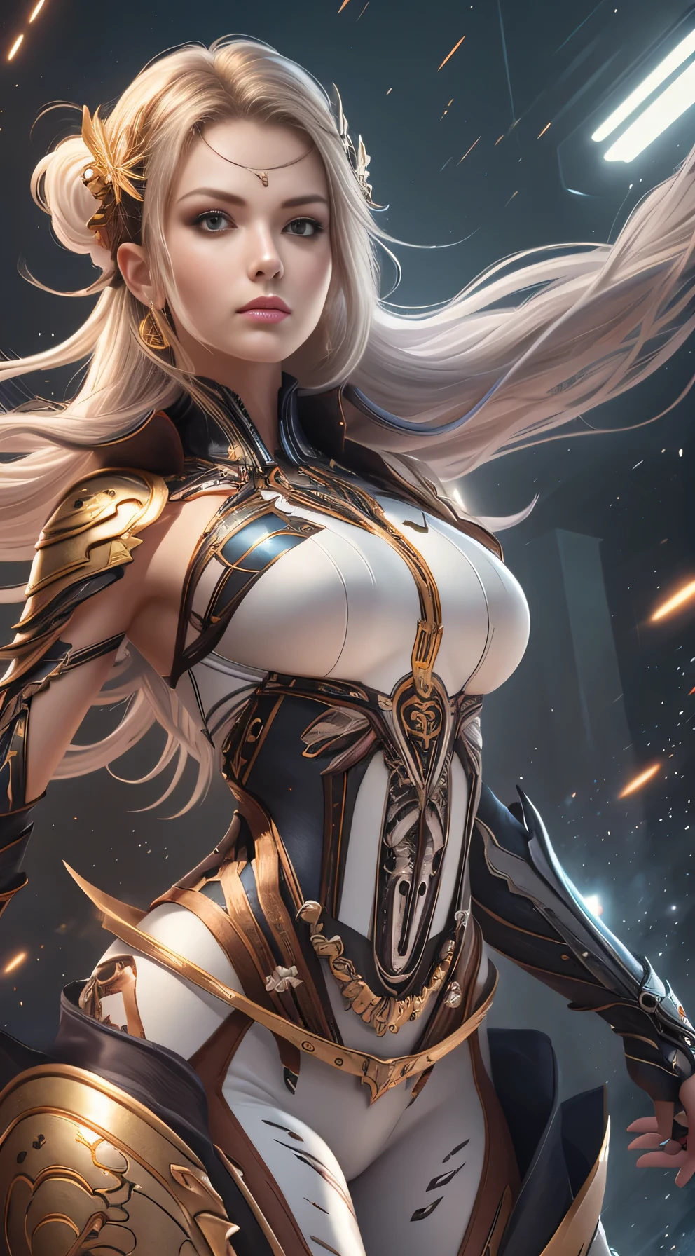 (((Masterpiece))), Ultra high quality, super detailed, 4K highly detailed digital art, Epic strong female warrior from the future, Fierce woman, white outfit, (Strong whole body pose), (stunning exotic beauty), Brazilian beauty, Very athletic, (muscular woman),((Wearing white biomechanical armor)), (Soft white clothes underneath the armor), Golden outlines on armor, armor shining, (white biomechanical armor), armor glimmering, neon lights on armor, Ultra athletic warrior woman from other galaxy, (white bodysuit armor), (skin tight bodysuit), white clothes (white armor), (muscular body), ((She has a katana)), she is glimmering and sparkles all around her, her beauty is out of this world, ultra beautiful, detailed face, Her mighty and all power is shining through her being, she is a warrior to defend the weak and empowering the feminine, Feminine empowerment, she is galaxy rider, Astronomical galaxy backround far far away from the earth where the mythological creatures live. She is hovering over the ground on a far away planet. Her strength is showing even the ground is shaking, HDR (High Dynamic Range), PBR Textures, Super Resolution, Multi-layer Textures