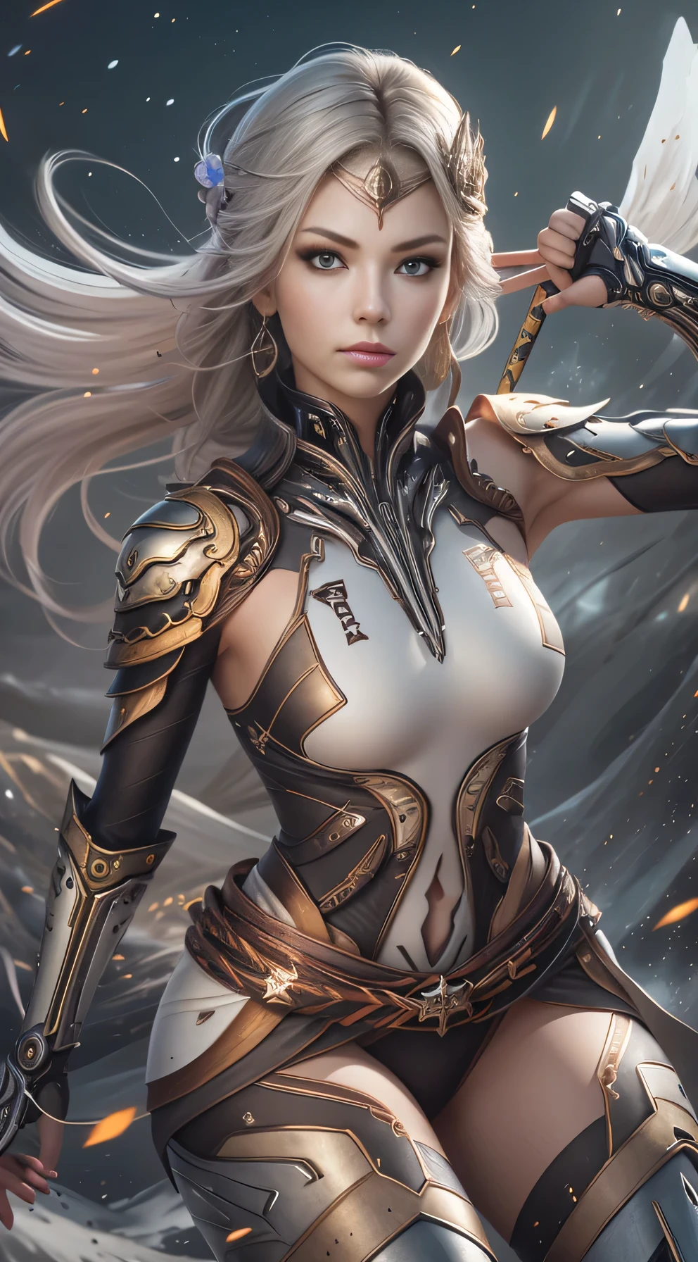 (((Masterpiece))), Ultra high quality, super detailed, 4K highly detailed digital art, Epic strong female warrior from the future, Fierce woman, white outfit, (Strong whole body pose), (stunning exotic beauty), Brazilian beauty, Very athletic, (muscular woman),((Wearing white biomechanical armor)), (Soft white clothes underneath the armor), Golden outlines on armor, armor shining, (white biomechanical armor), armor glimmering, neon lights on armor, Ultra athletic warrior woman from other galaxy, (white bodysuit armor), (skin tight bodysuit), white clothes (white armor), (muscular body), ((She has a katana)), she is glimmering and sparkles all around her, her beauty is out of this world, ultra beautiful, detailed face, Her mighty and all power is shining through her being, she is a warrior to defend the weak and empowering the feminine, Feminine empowerment, she is galaxy rider, Astronomical galaxy backround far far away from the earth where the mythological creatures live. She is hovering over the ground on a far away planet. Her strength is showing even the ground is shaking, HDR (High Dynamic Range), PBR Textures, Super Resolution, Multi-layer Textures