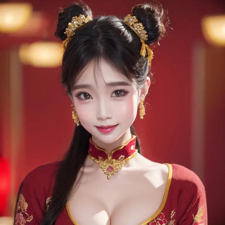 twice as good（（（eyes are very delicate））），（（（hair accessories））），necklace，woman wearing sexy red and gold lace sweater，the room ...