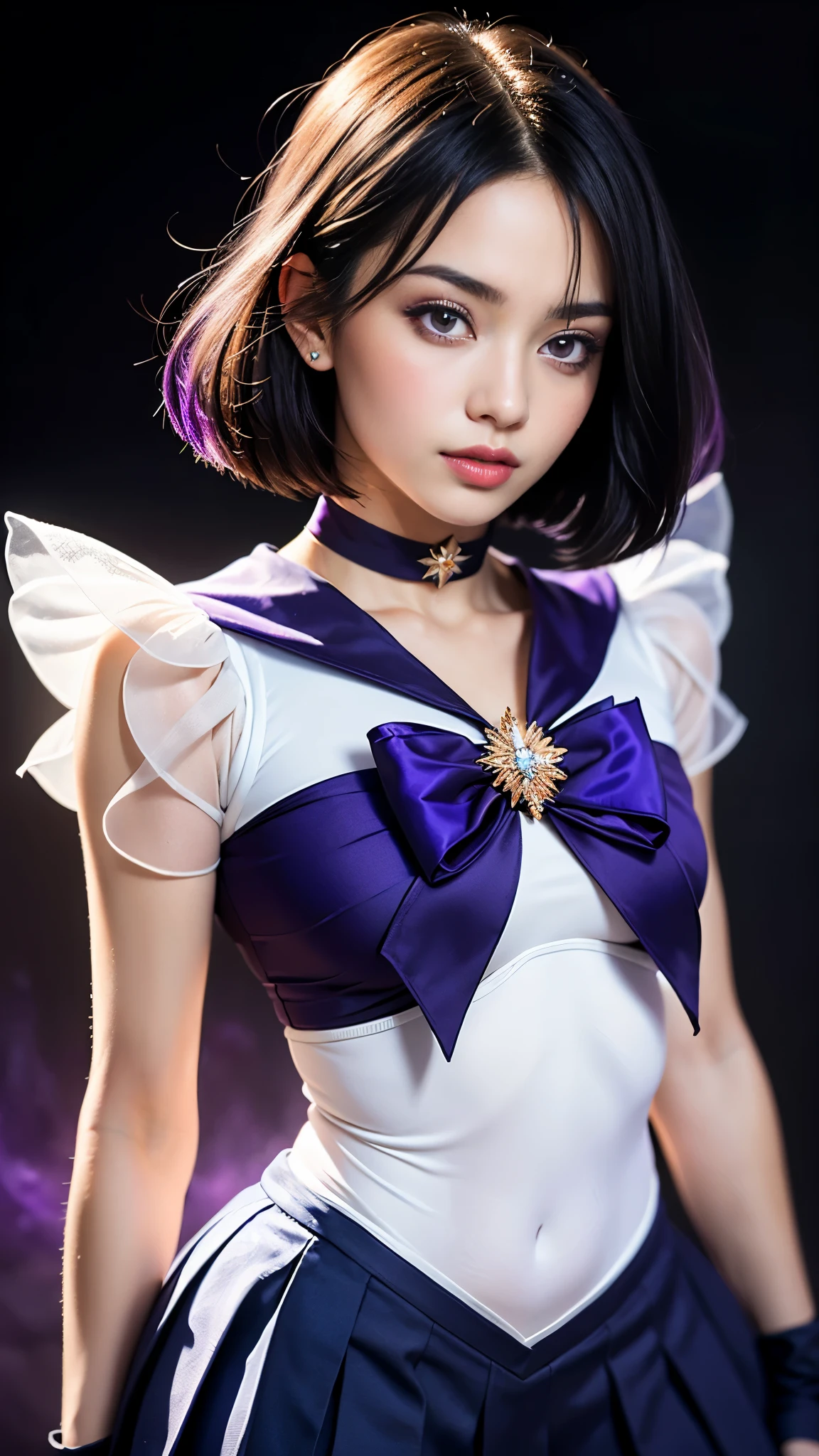 (masterpiece, best quality:1.4), (nebula background), (full body shot), (erotic pose:1.5), 1girl, solo, (european youth:1), sailor saturn, tiara, sailor senshi uniform, purple sailor collar, pleated skirt, elbow gloves, jewelry, brooch, choker, short black hair, (purple eyes:1.5), beautiful face, highly detailed face, highly detailed eyes, highly detailed skin, skin pores, subsurface scattering, realistic pupils, full face blush, full lips, detailed background, depth of field, volumetric lighting, sharp focus, absurdres, realistic proportions, good anatomy, (realistic, hyperrealistic:1.4), 16k hdr,