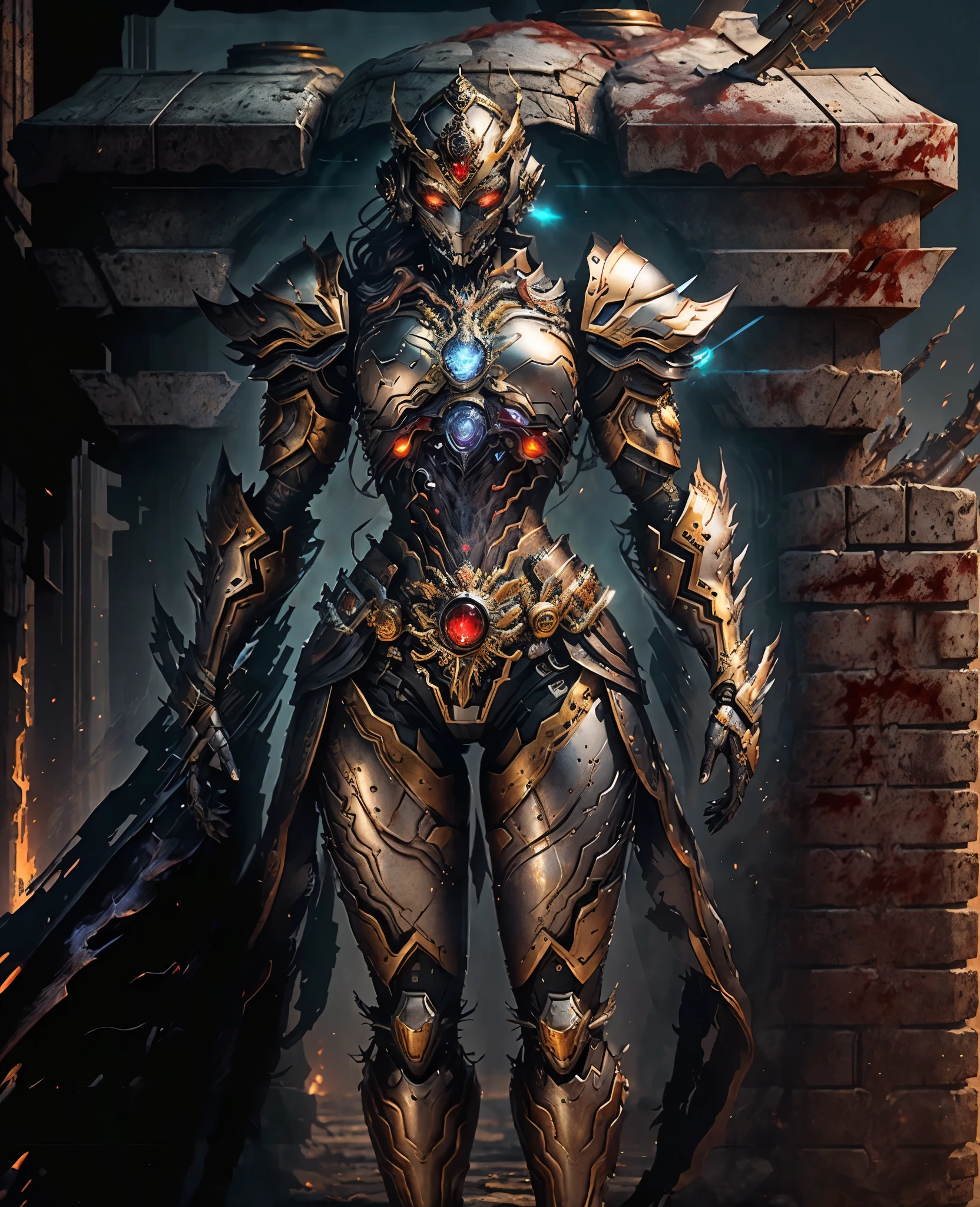 A woman adorned in fantasy-style full-body armor, a crown-concept fully enclosed helmet that unveils only her eyes, a composite layered chest plate, fully encompassing shoulder and hand guards, a lightweight waist armor, form-fitting shin guards, the overall design is heavy-duty yet flexible, the armor gleams with a golden glow, complemented by red and blue accents, exhibiting a noble aura, she floats above a fantasy-surreal high-tech city, this character embodies a finely crafted fantasy-surreal style armored hero in anime style, exquisite and mature manga art style, Queen Bee Concept Armor, (plasma, blood), ((bio mecha, long legs, elegant, goddess, femminine:1.5)), metallic, high definition, best quality, highres, ultra-detailed, ultra-fine painting, extremely delicate, professional, anatomically correct, symmetrical face, extremely detailed eyes and face, high quality eyes, creativity, RAW photo, UHD, 32k, Natural light, cinematic lighting, masterpiece-anatomy-perfect, masterpiece:1.5