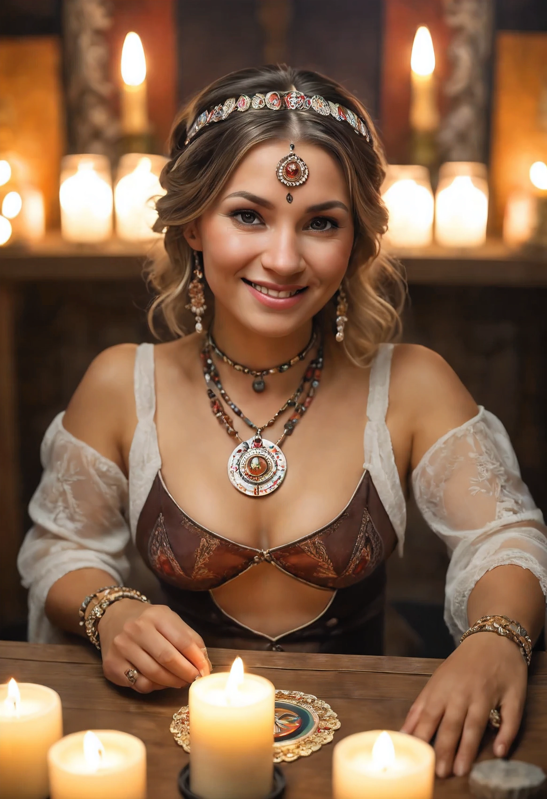 top quality, photo, hi-res, 1 woman, 35 years old, german, western style fortune teller outfit, hair ornament, necklace, jewelry, beautiful face, calm smile, upon_body, Tyndall effect, photorealistic, divination room, candles on table, tarot cards, rim lighting, two tone Lighting, (High Definition Skin:1.2), 8k uhd, DSLR, soft lighting, high quality, volumetric lighting, candid, photography, high resolution, 4k, 8k, bokeh, high saturation